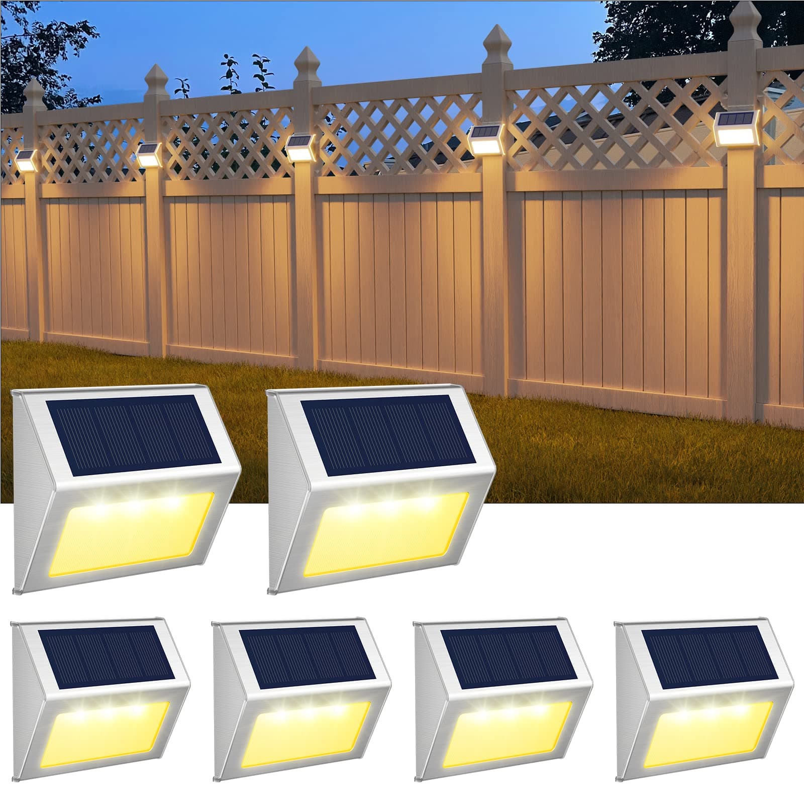 JSOT Fence Solar Lights, Solar Deck Lights, 6 Pack Solar Lights Outdoor Waterproof for Step Wall Stair Railing LED Lighting, Warm White