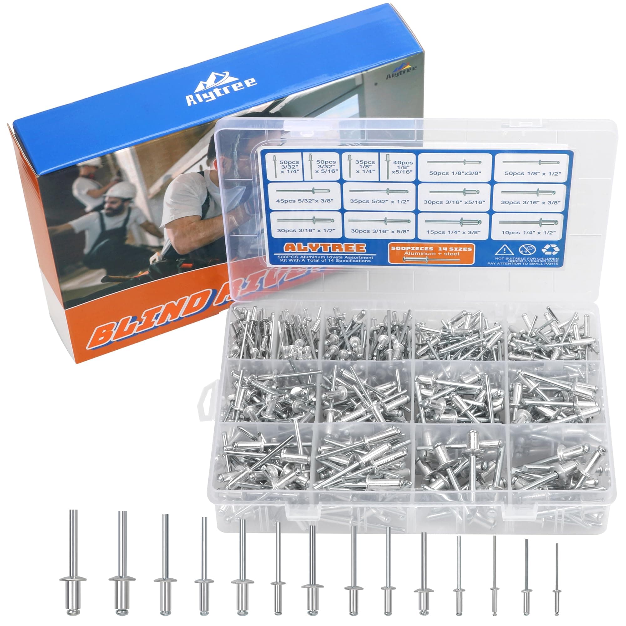 500pcs 14 Sizes Aluminum Blind Rivets, Pop Rivets Assortment Kit, Aluminum Grip and Carbon Steel Mandrel, Common Assorted Blind Rivets with Reinforced Divider & Labeled Case (Silver)