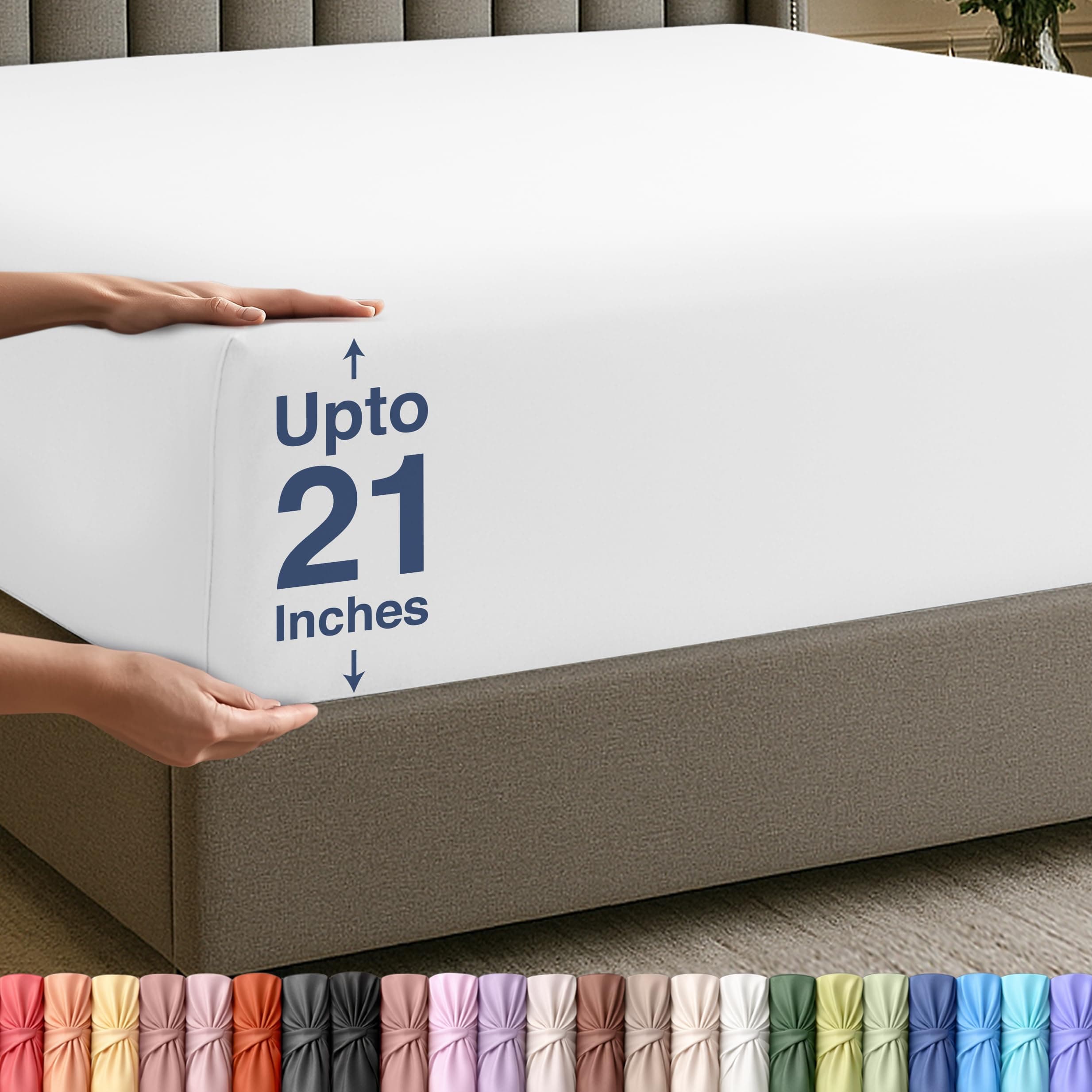 Extra Deep Pocket Queen Fitted Sheet, Fits up to 21 Inch Mattress - Hotel Luxury, Soft, Breathable and Comfy - Shrinkage and Fade Resistant - Easy Care (White)