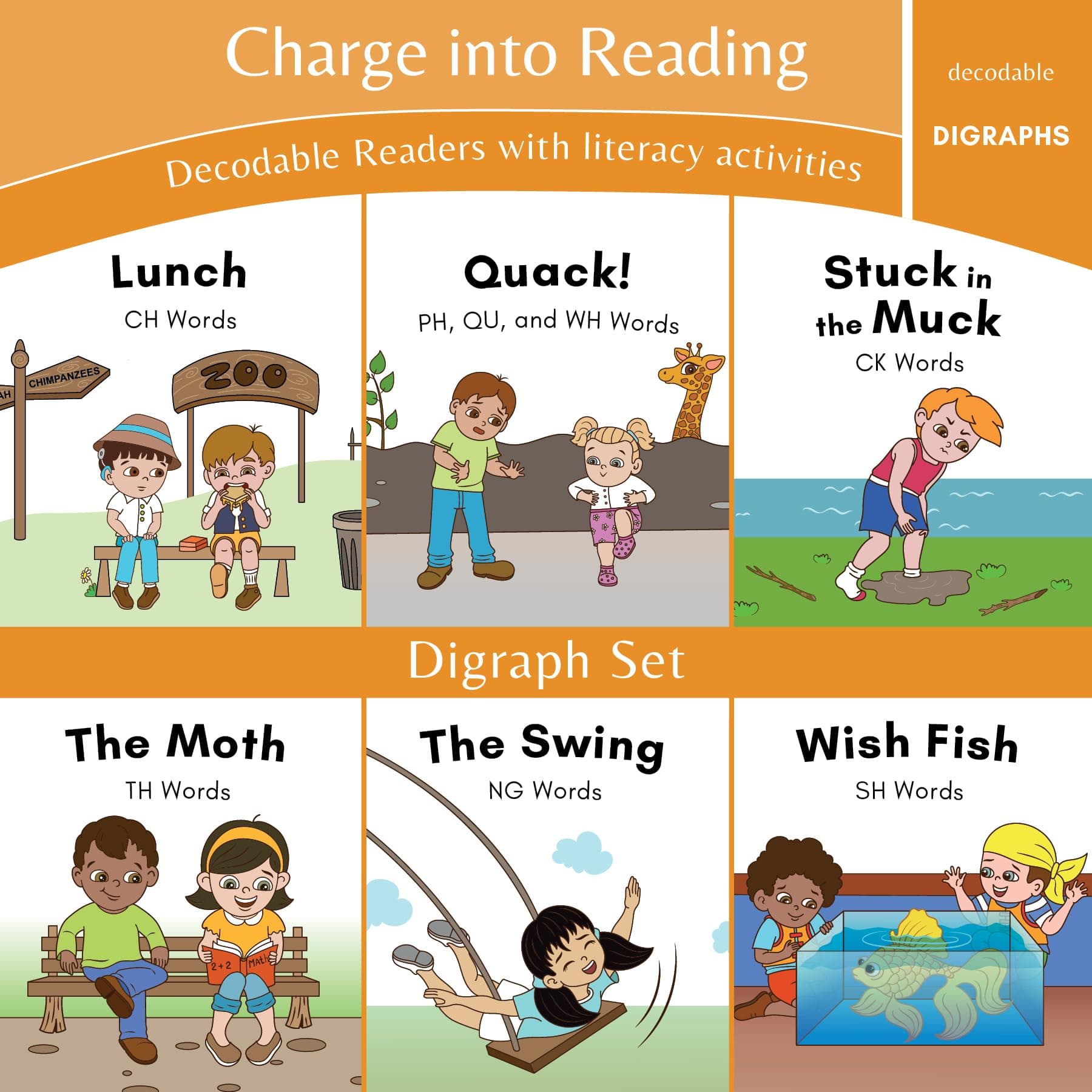 Charge into Reading Decodable Books (Stage 3): 6 Digraph Decodable Readers to Help Kindergarten and First Grade Beginning Readers Learn to Read (One Digraph Per Book)