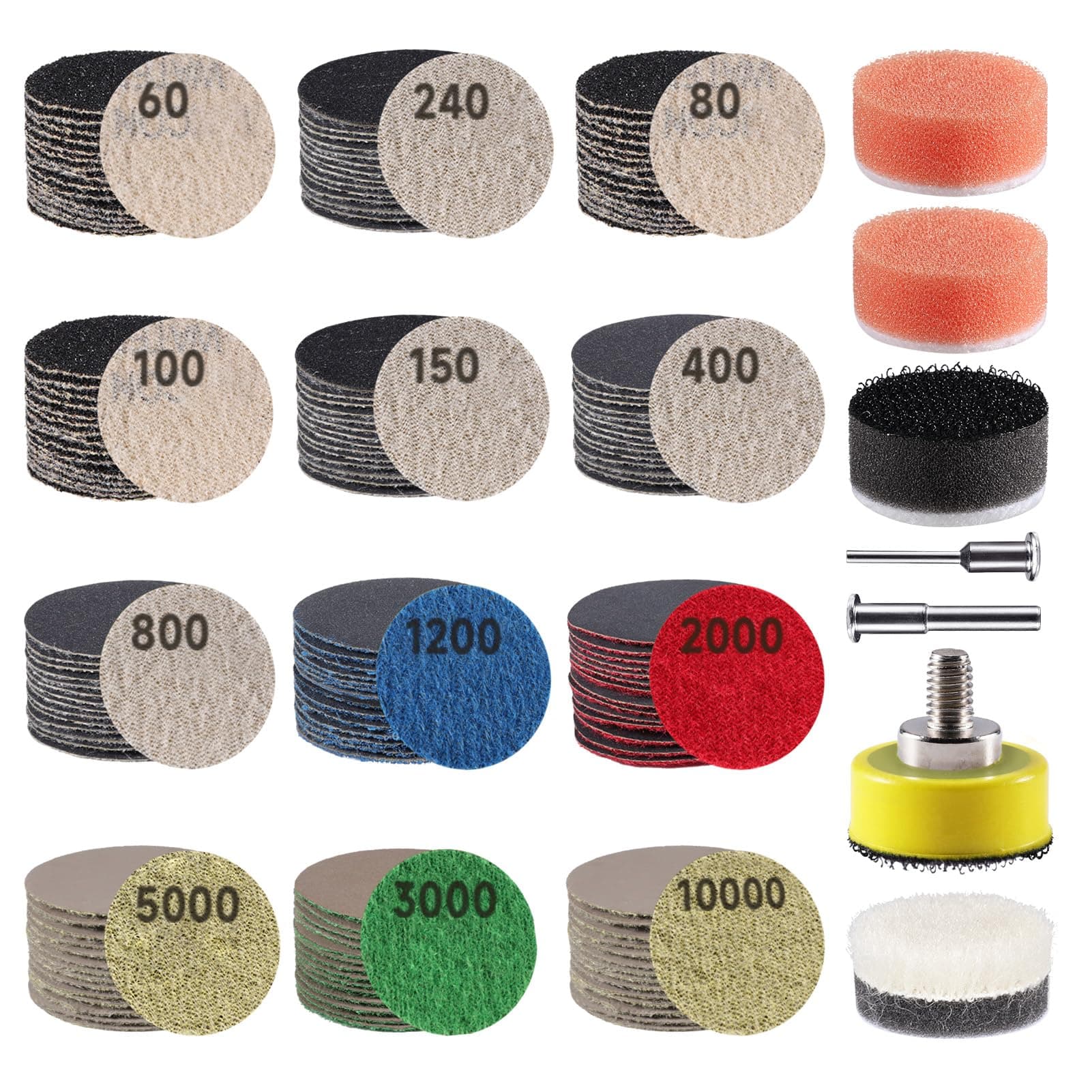 188 PCS 1 Inch Sanding Discs, GOH DODD Hook and Loop 60 to 10000 Grit Wet Dry Sandpaper Micro Sand Paper with 1/8" 1/4" Shank, Backing Pad, Polishing Pads, Foam Pads for Auto Metal Glass Resin Wood