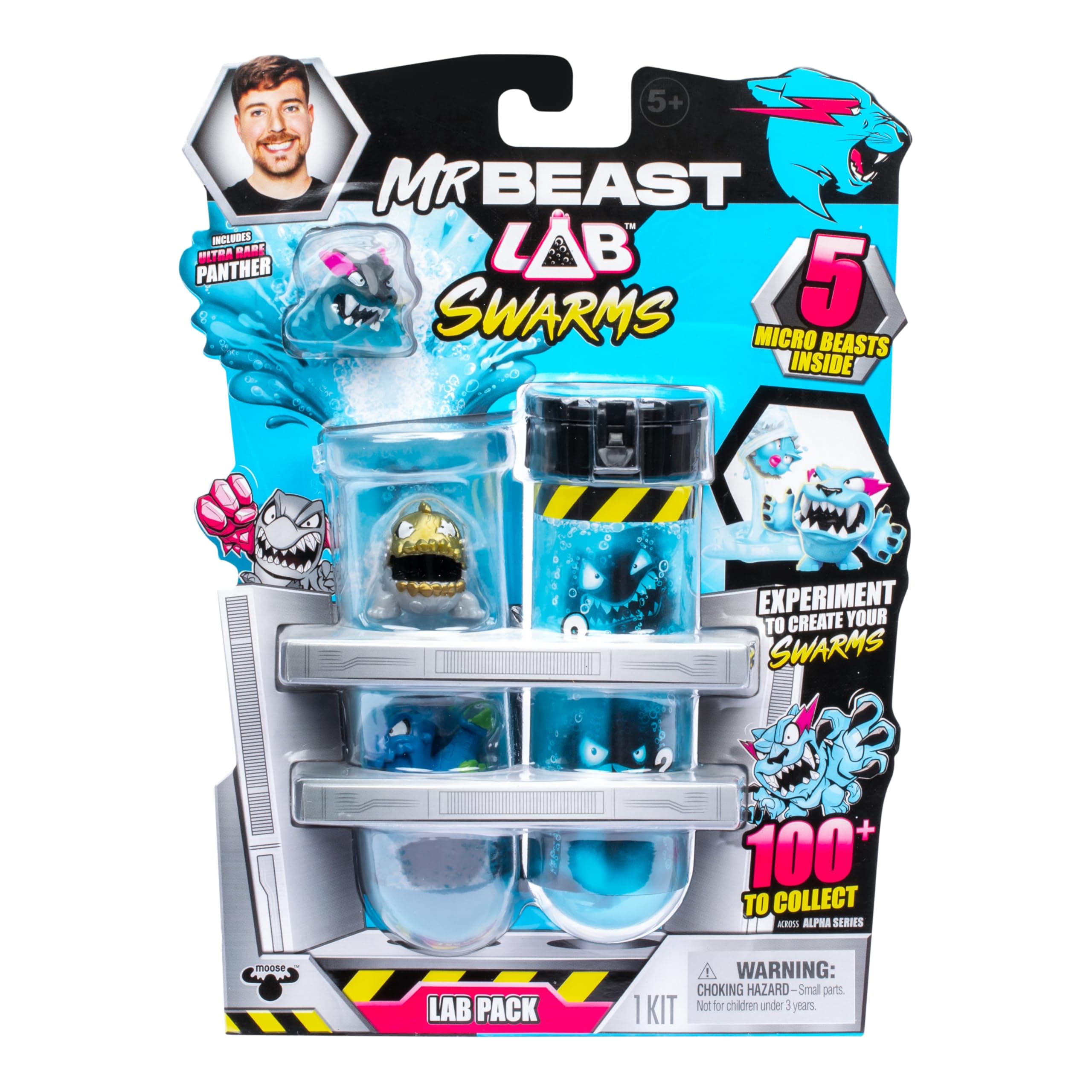 Swarms Lab Pack, Experiment By Adding Water, Shaking Test Tube & Revealing 5 PK of 1" MrBeast Collectible Characters, 100+ to Collect, Look Out for the Limited Edition Hyperchrome Panther