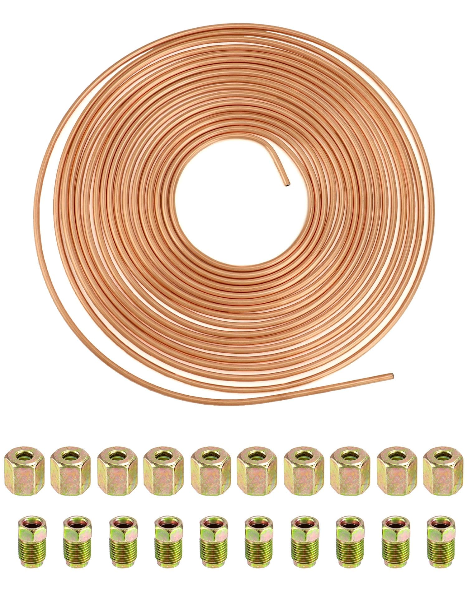 QWORK® 3/16" x 32.8ft/10m Copper Plated Brake Pipe, OD 4.76mm, ID 3.3mm with 20 Nuts