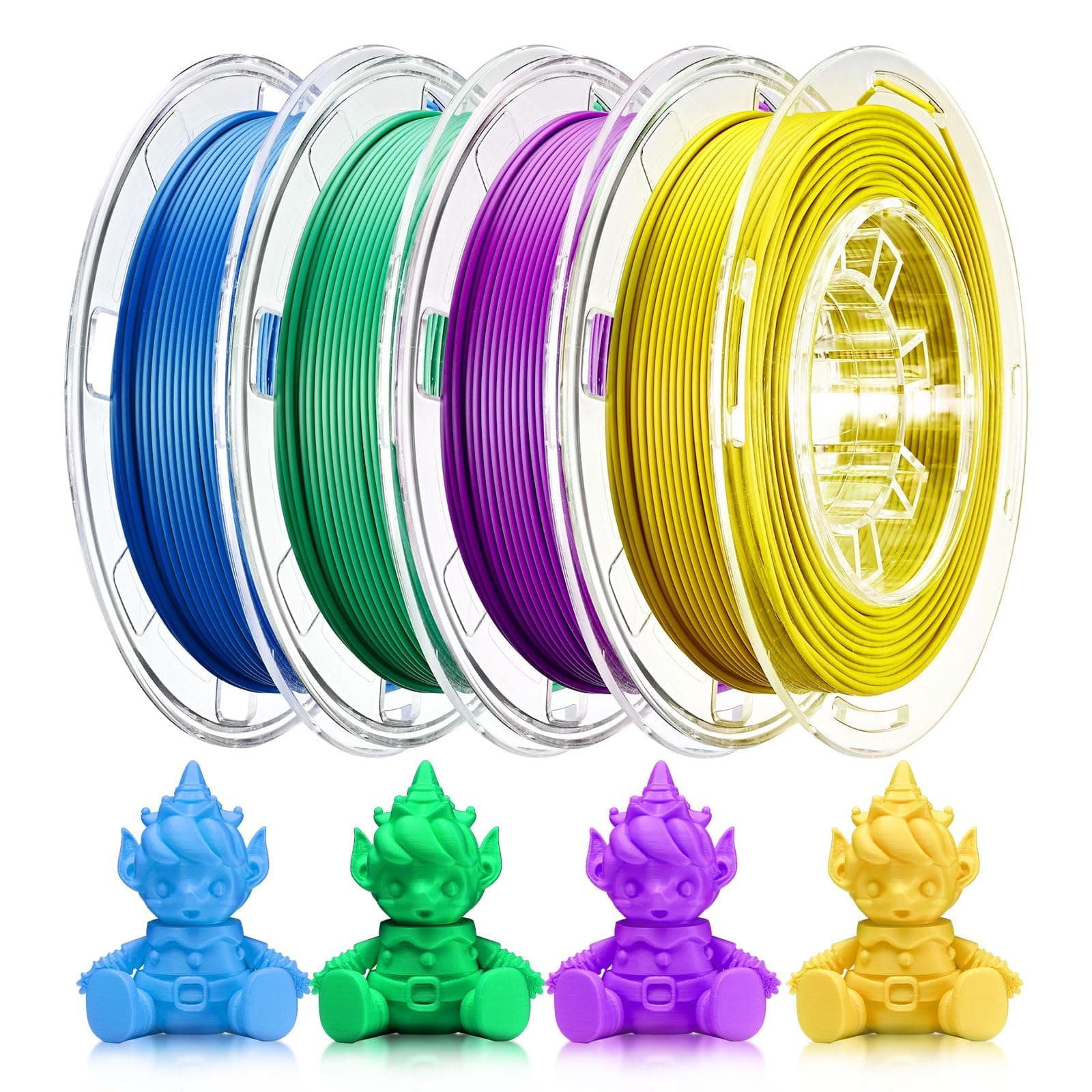 3D Printer Filament Set, 1.75mm (± 0.03 mm) PLA Filament, Purple, Green, Blue, Yellow 3D Printing Filament Bundle for Most of 3D Printer, 200g /0.44lbs x 4 Spools Pack