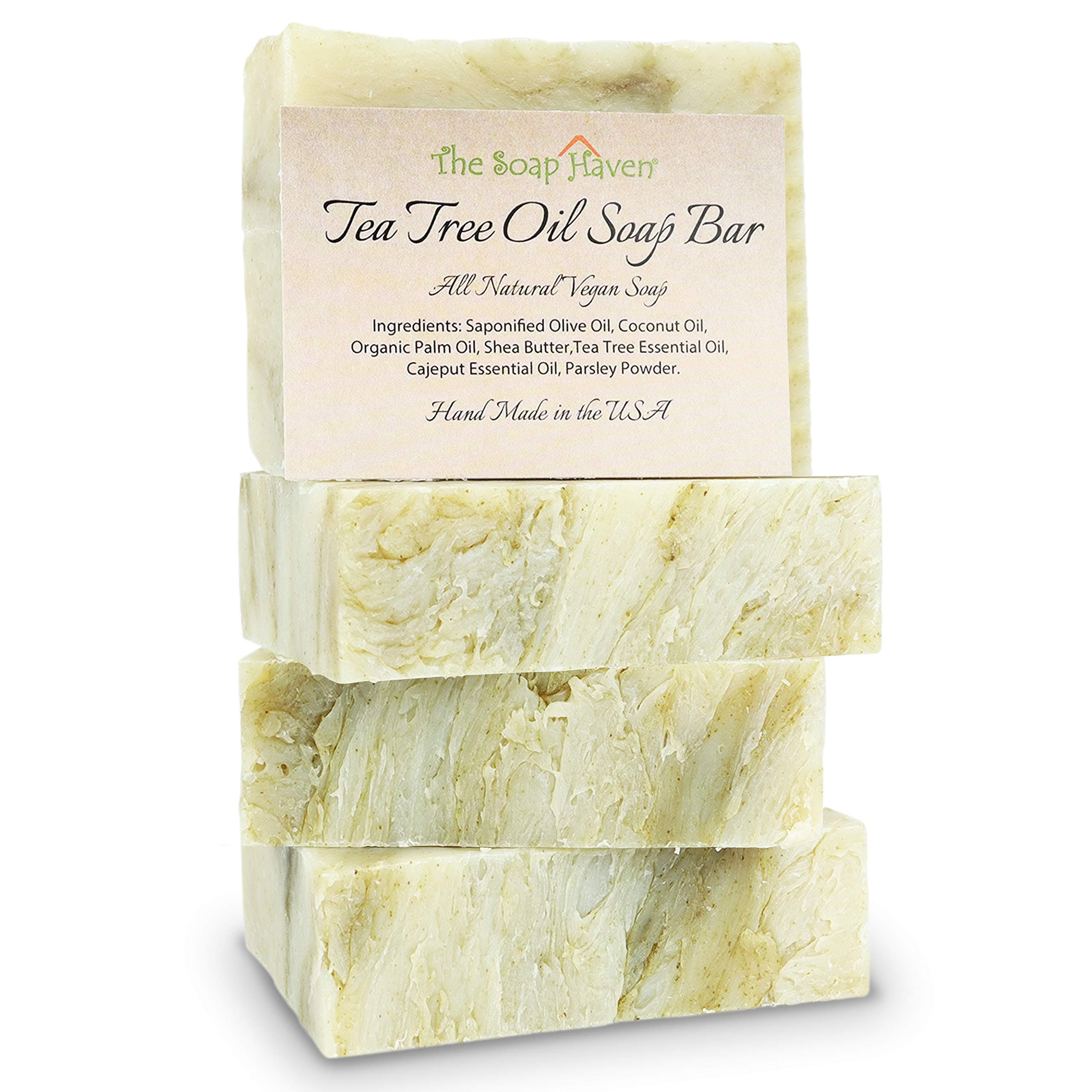 TEA TREE BAR - 4 Natural Tea Tree Oil Soap Bars for Face, Hand, Foot, Body Wash - Fights Acne, Itch, Body Odor. 4 Large 4.5 oz Bars, Handmade in USA with Non-GMO Ingredients
