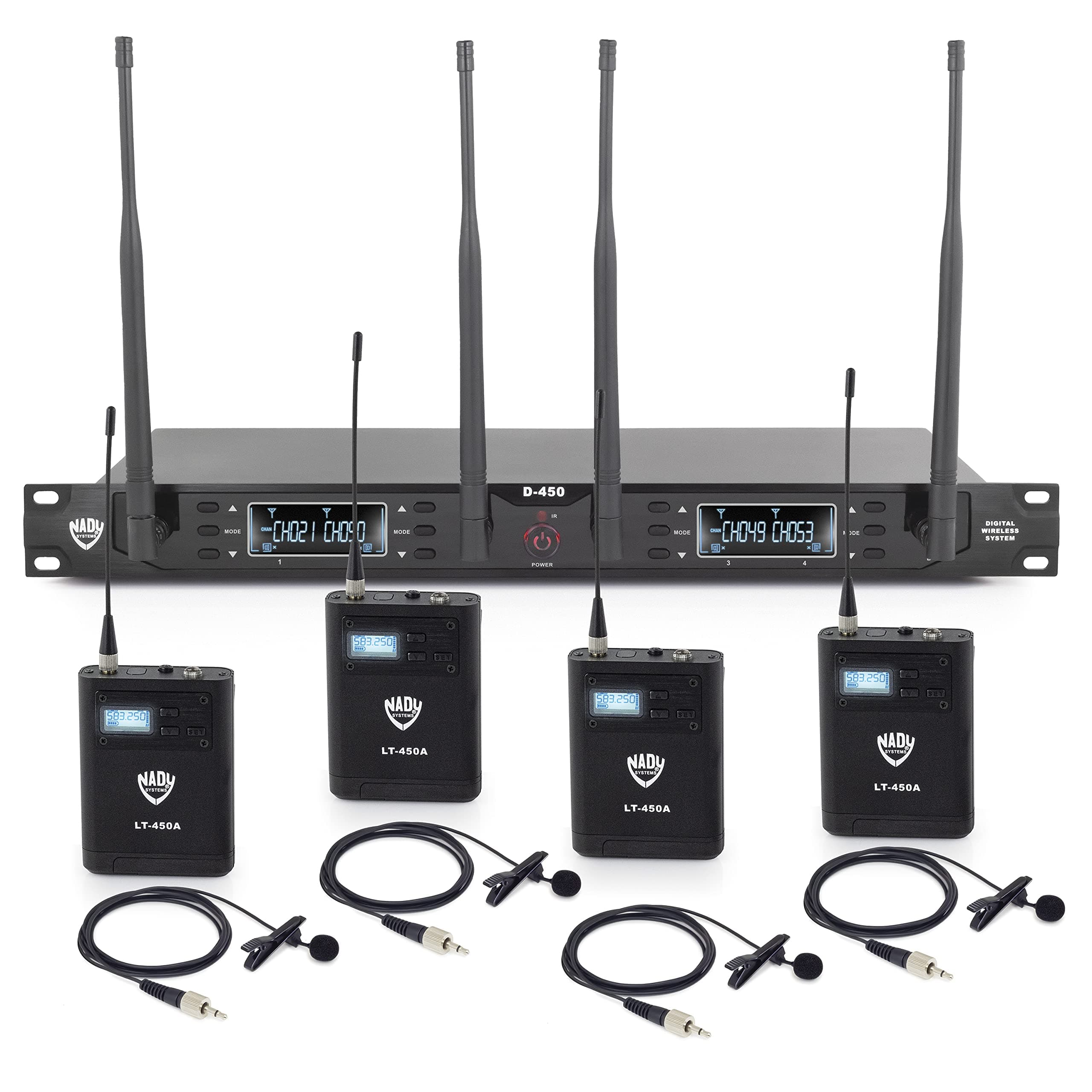 Nady Systems D-450-LT Quad Receiver 200-Channel Digital Wireless Lapel Microphone System | All-Metal Bodypacks & Receiver | 48kHz/24bit | 300'+ Range | 4 Individual XLR & 1 Sum ¼ Outputs