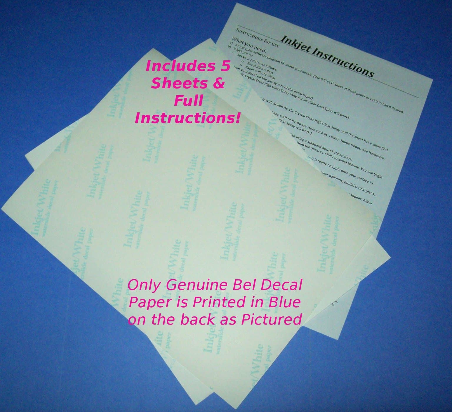White Backing Bel Decal Waterslide Inkjet Paper WHITE 5 Sheets per package