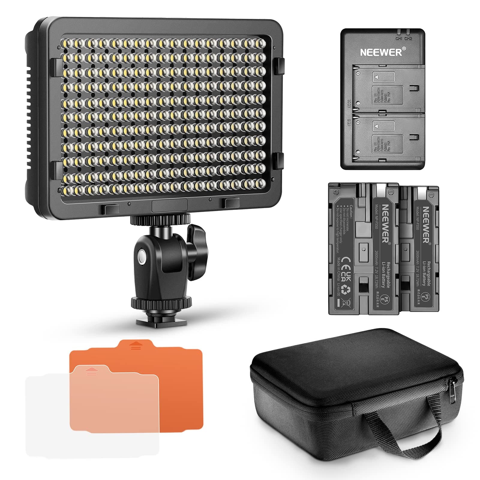 Dimmable 176 LED Video Light Lighting Kit: 176 LED Panel 3200-5600K, 2 Pieces Rechargeable Li-ion Battery, USB Charger and Portable Durable Case for Canon, Nikon, Pentax, Sony DSLR Cameras