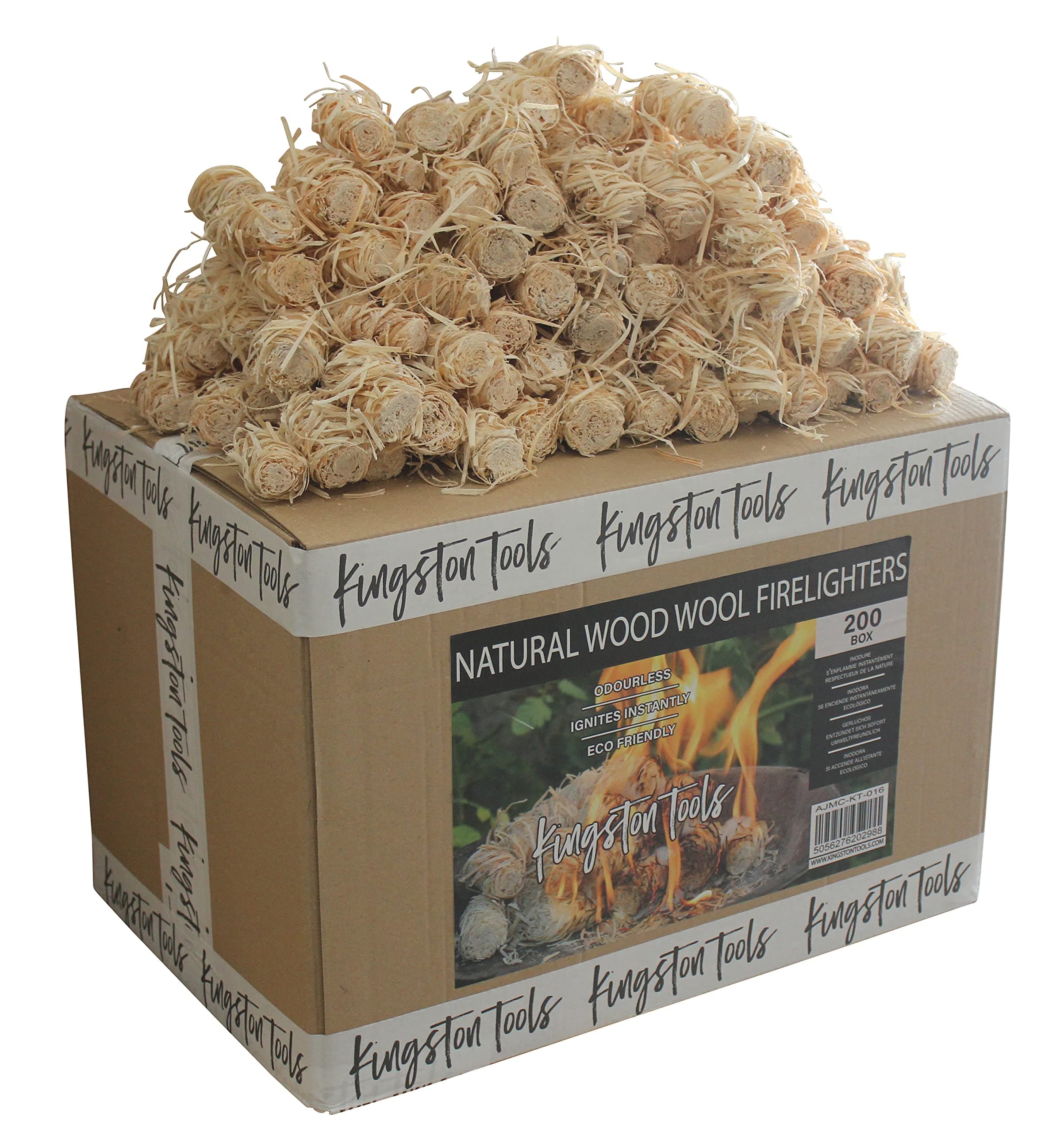Kingston Tools Natural Wood Wool Firelighters — Flame Fire Starters for Fireplace, Campfires, Stoves, BBQ's, Pizza Ovens and Smokers — Box of 200 Pieces