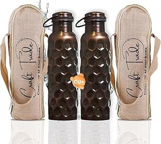 Craft Trade 100% Pure Copper Water Bottle 34 Oz, Ayurveda inspired 1Ltr Bottle for Drinking, Handcrafted Honeycomb Finish with Jute Carry Case, Boosts Immunity & Digestion, Leak-Proof, BPA-Free, 2 Pk