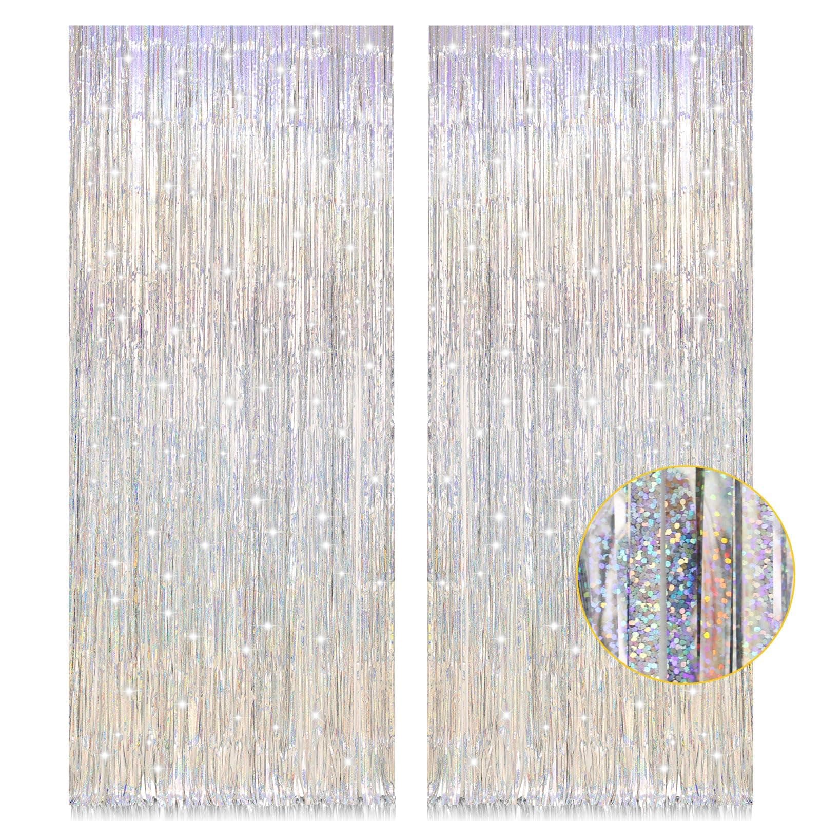 PIGETALE 2pcs 3.2 x 8.2ft Glitter Silver Tinsel Curtain Foil Fringe Curtain Party Streamers Backdrop Aluminum Foil Flow Curtain Background for Birthday Party Wedding Bachelorette Christmas Decorations