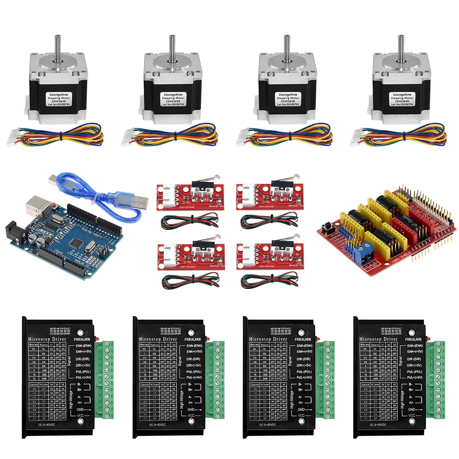 Twotrees CNC Controller Kit with Nema 23 Stepper Motor,TB6600 Stepper Motor Driver,GRBL CNC Shield Board，Switch Endstop-6.35mm