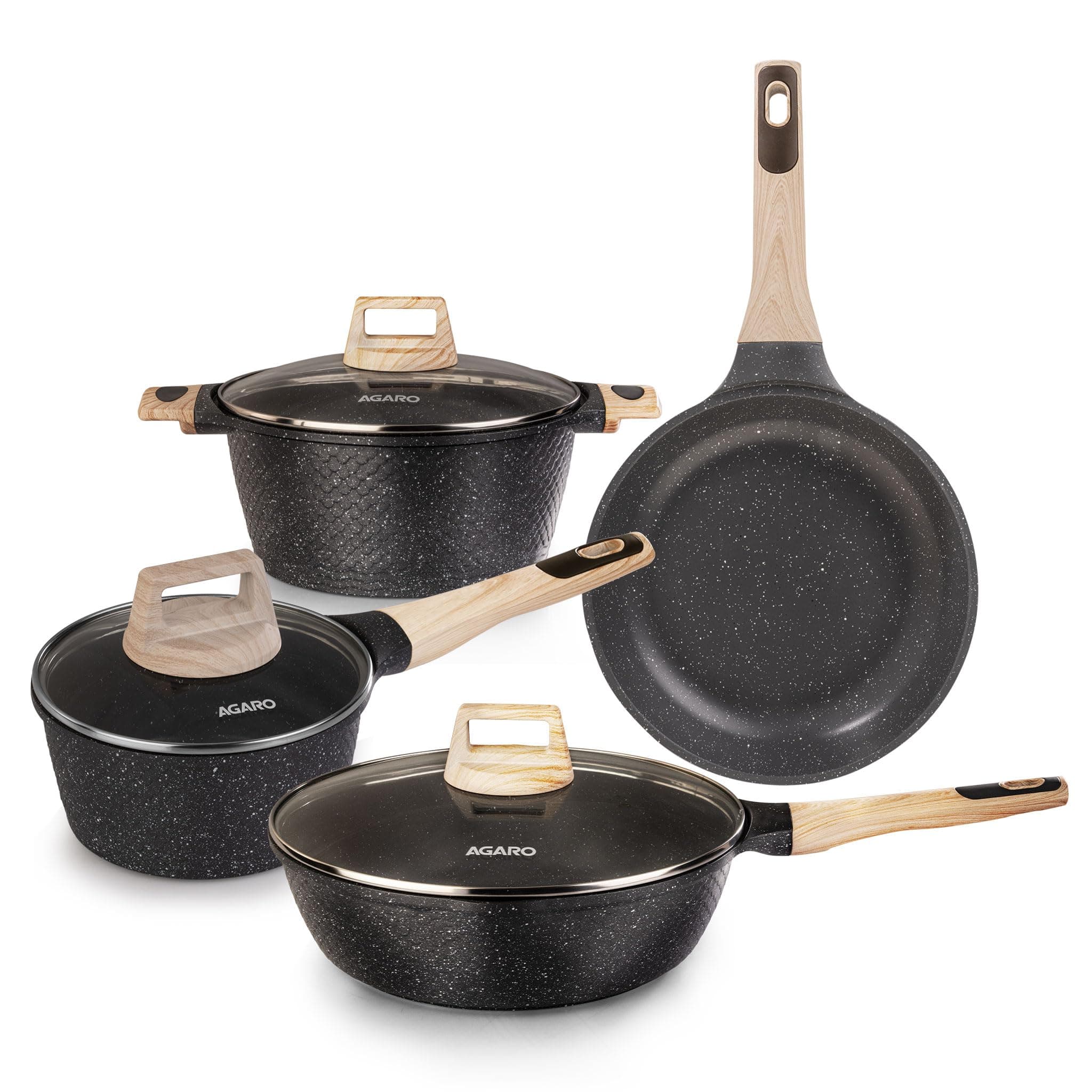 AGARO Imperial Granite Non Stick Cookware Set, 4pcs Cookware Set, 24cm &16cm Sauce pan with Lid, 28cm Deep Fry Pan with Lid, Cast Aluminium, Gas & Induction Compatible.