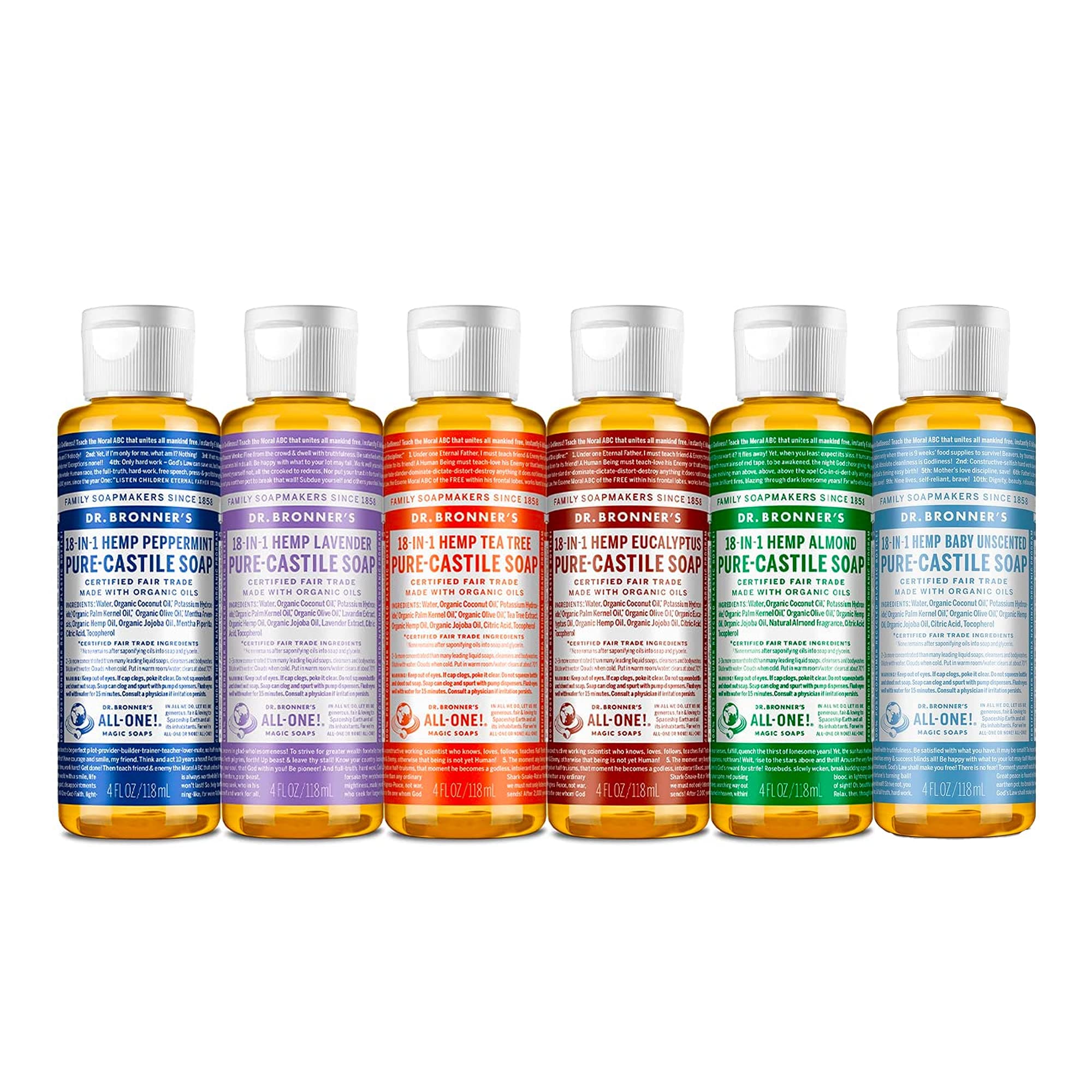 Dr. Bronner'sPure-Castile Liquid Soap (4 oz Variety Pack) Peppermint, Lavender, Tea Tree, Eucalyptus, Almond, & Baby Unscented - 18-in-1 Uses