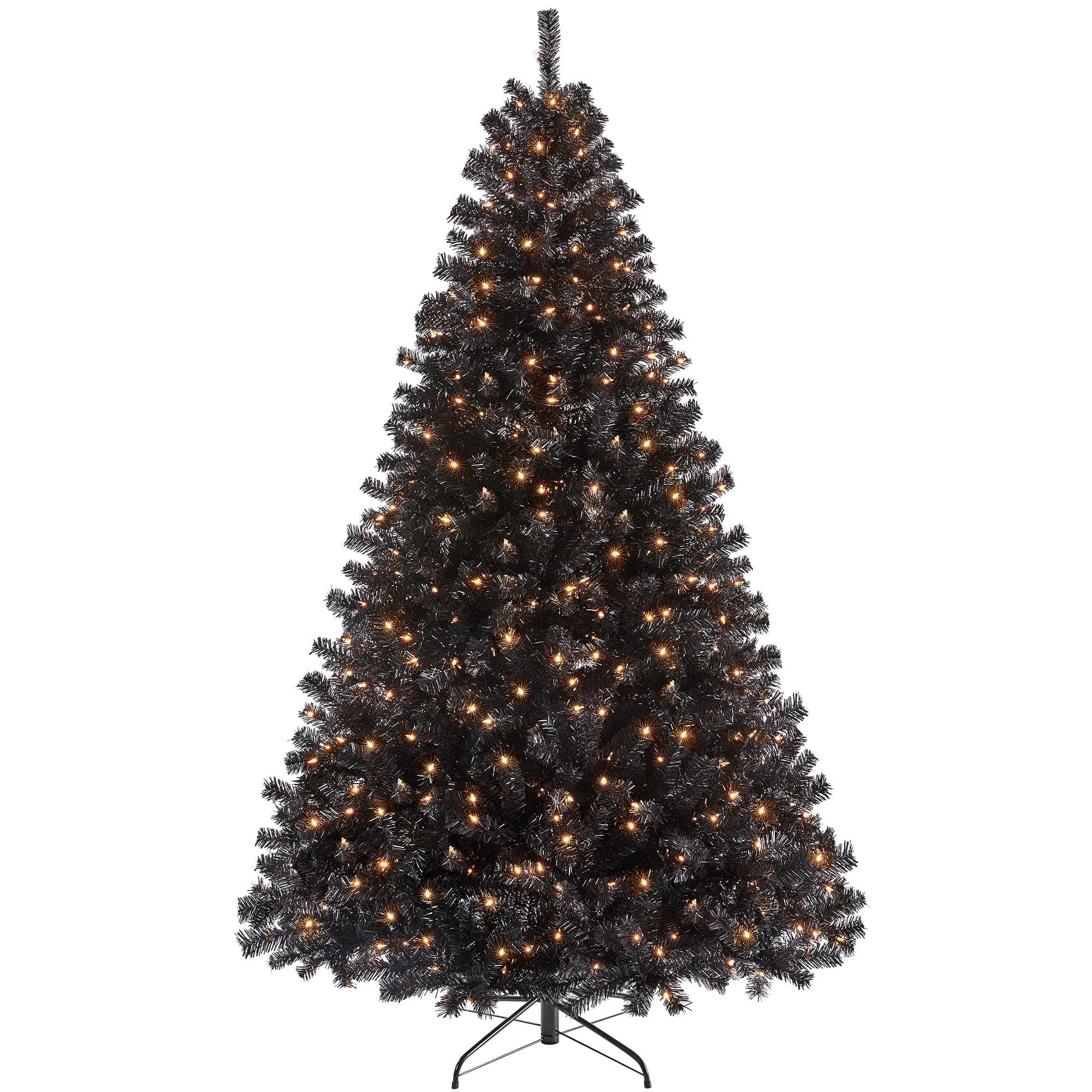Yaheetech 7.5Ft Pre-Lit Halloween Black Artificial Hinged Christmas Pine Tree Prelighted Xmas Tree for Home Party Holiday Decoration with 550 Clear Warm White Lights and 1354 Branch Tips