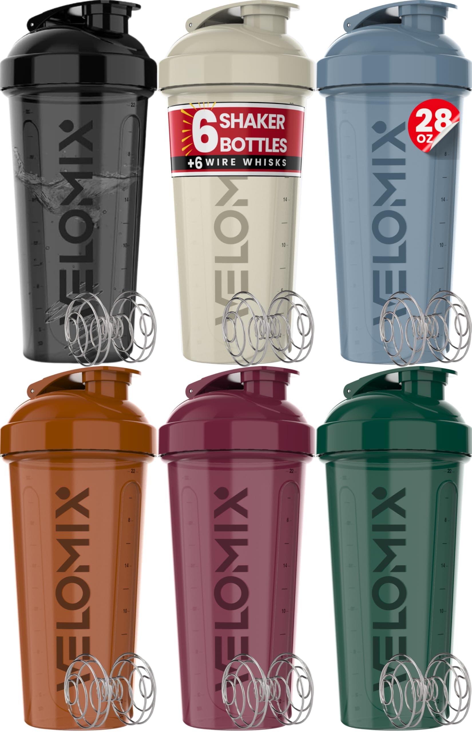 VELOMIX -6 PACK- 28 oz Protein Shaker Bottle for Protein Mixes - 6x Wire Whisk | Leak Proof Shaker Cups for Protein Shakes | Protein Shaker Bottle Pack | Protein Shake Cup (Earth Tones Collection)