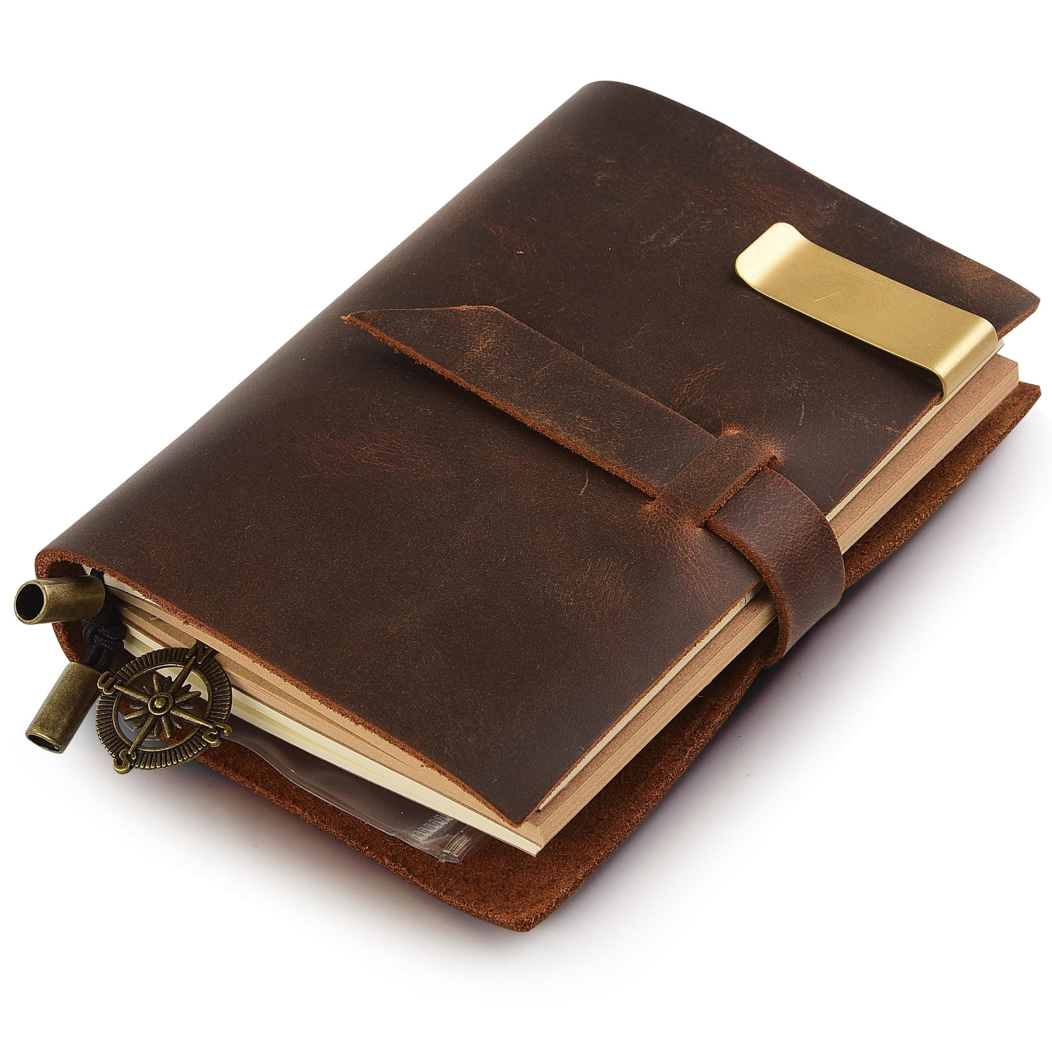 Classic Genuine Leather Notebook – 5.3" × 4" Refillable Pages Leather Journal – 100% handmade & Personalized - Vintage Diary - Daily Use & Traveler's Notebook - Retro Journal Bound Notebook(Style# 12S) (Refill books 13.5cm × 10cm)