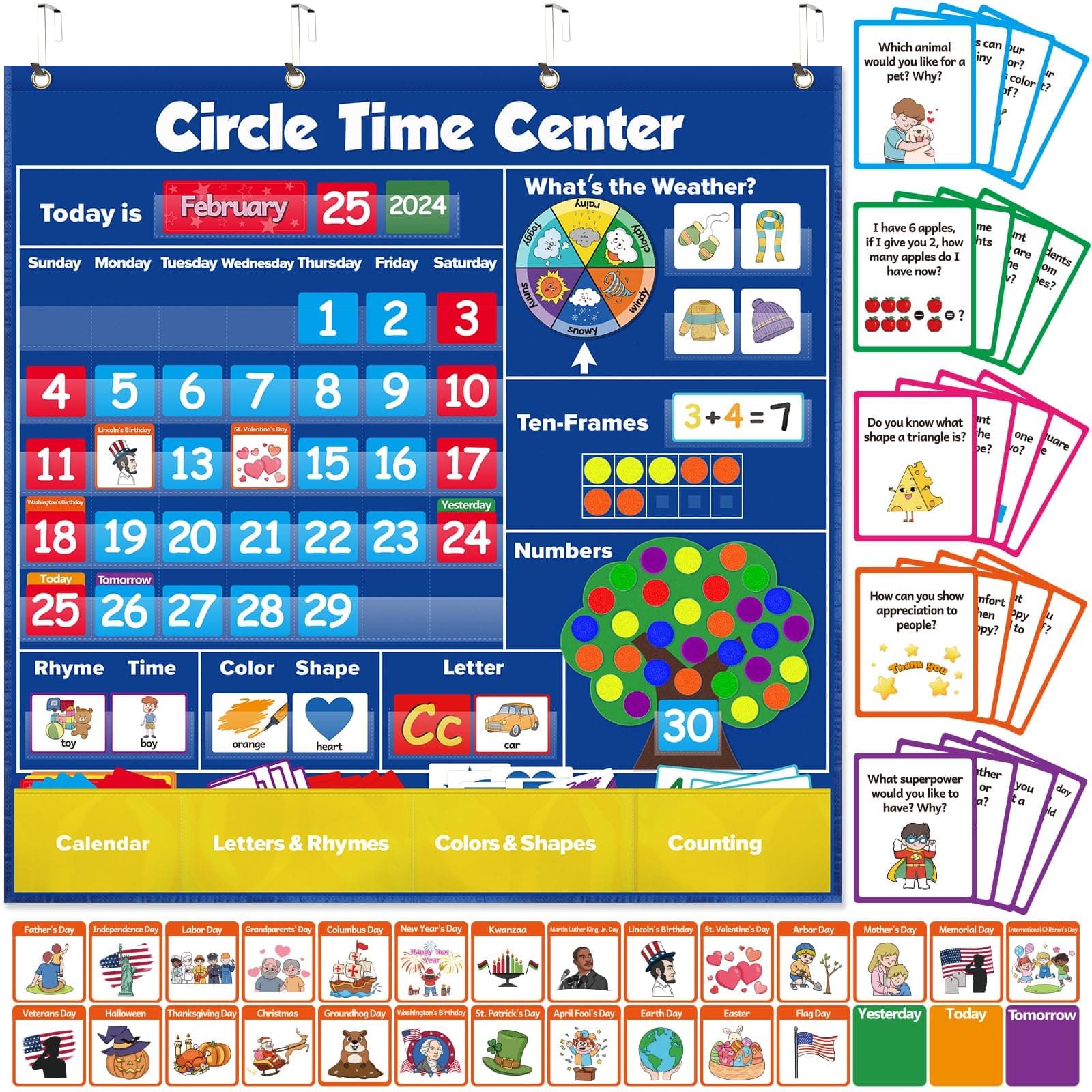 Torlam Circle Learning Time Center Pocket Chart Calendar Set, Educational Pocket Chart Learning Shape, Color Classroom Pocket Chart-Number Pocket Chart Wording Rhyme Pictures Pocket Chart