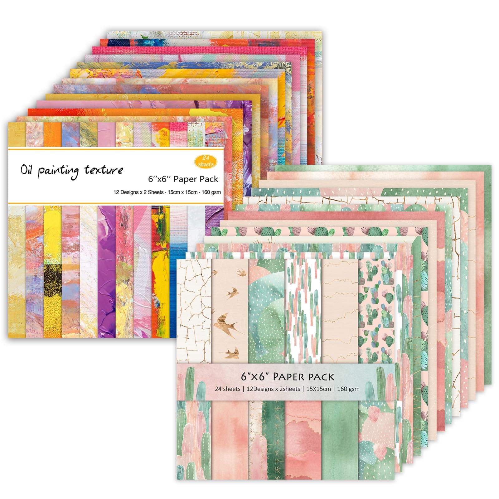 48 Sheets 24 Designs Scrapbook Paper Pad, 6"×6" Single-Sided Decopodge Craft Paper,Cardstock Paper,Scrapbooking DIY Decorative Background Cardmaking Supplies.Cactus&Oil Painting