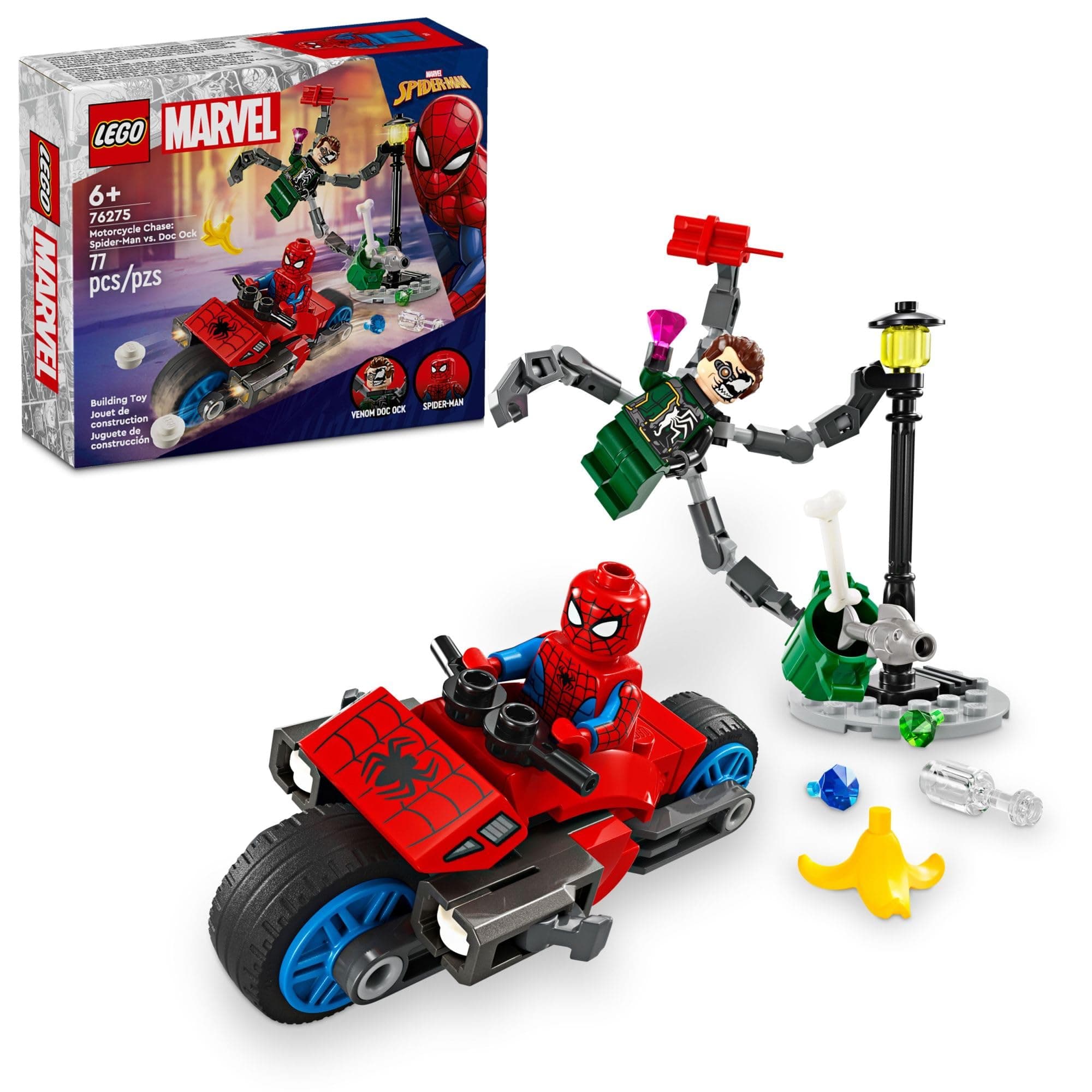 Marvel Motorcycle Chase: Spider-Man vs. Doc Ock, Buildable Toy for Kids with Stud Shooters and Web Blasters, 2 Marvel Minifigures, Super Hero Toy, Gift for Boys and Girls Aged 6 and Up, 76275