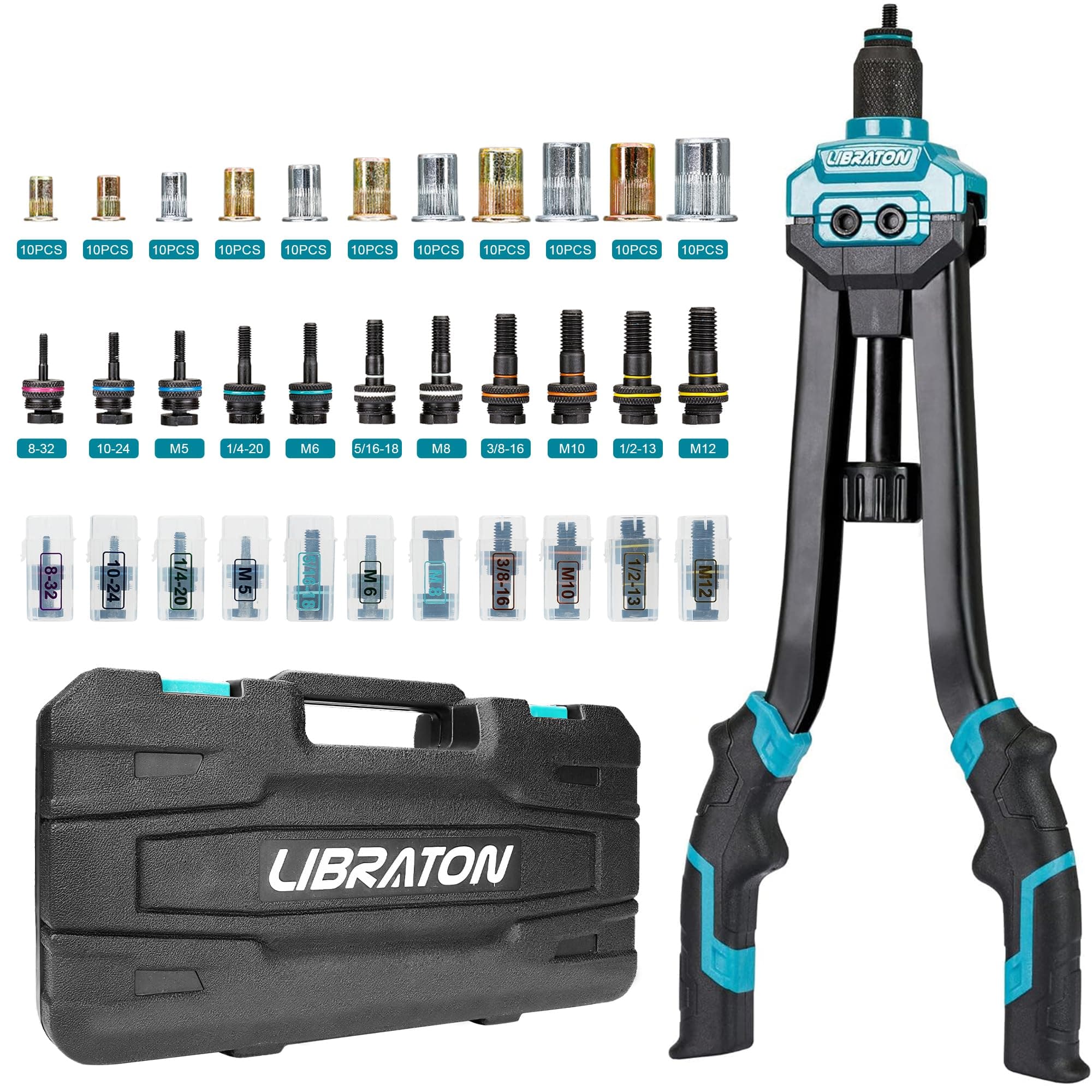 LIBRATON 16" Rivet Nut Tool, Rivet Nut Gun, Hand Rivet Nut Setter with 110PCS Rivet Nuts, 11PCS Metric & SAE Interchangeable Mandrels and Carrying Case, Easy Replace