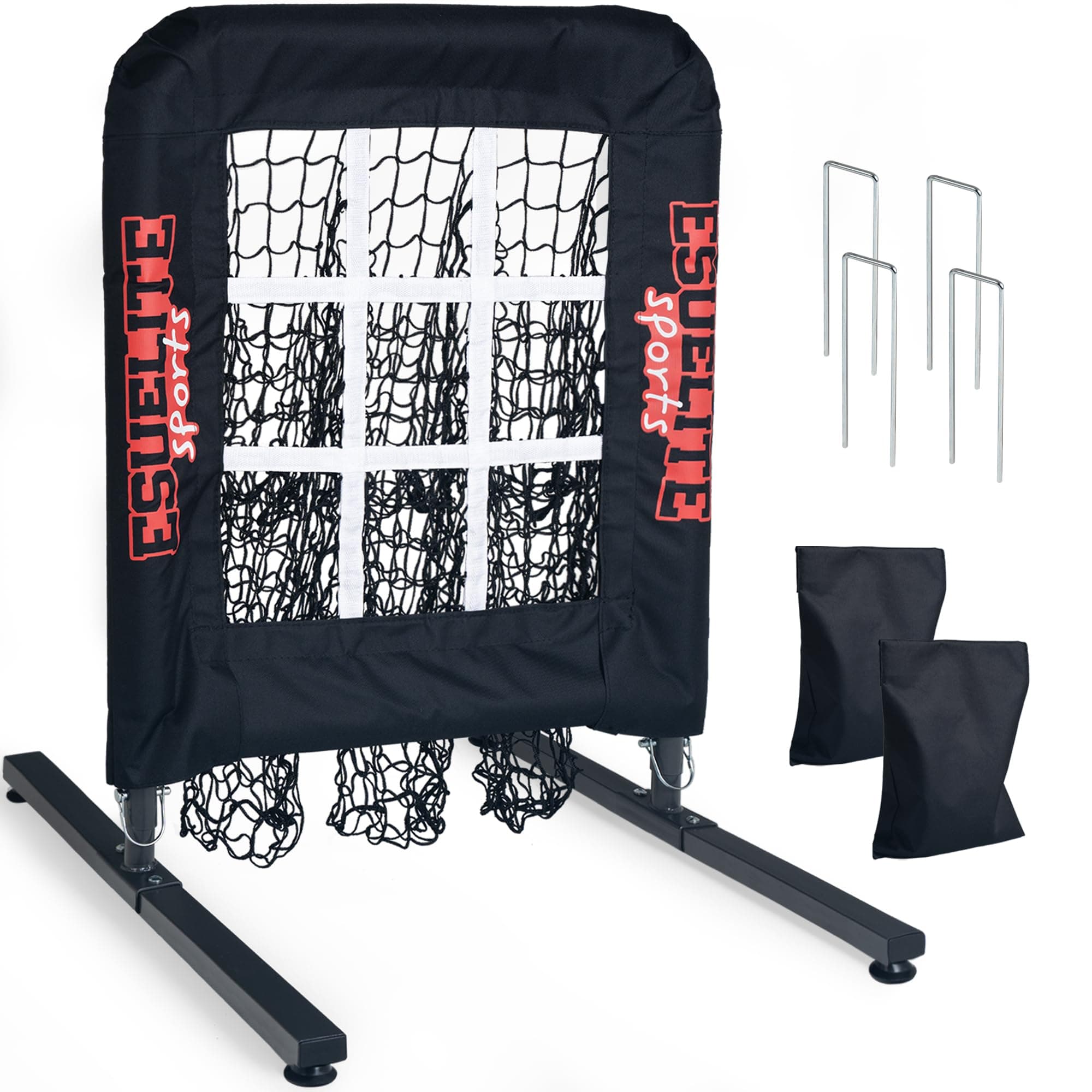 Heavy-Duty 9 Hole Pitching Net with Strike Zone, Baseball/Softball Pitching Target, Portable Height-Adjustable Pitcher Training Equipment, Includes 4 Ground Stakes and 2 Sandbags