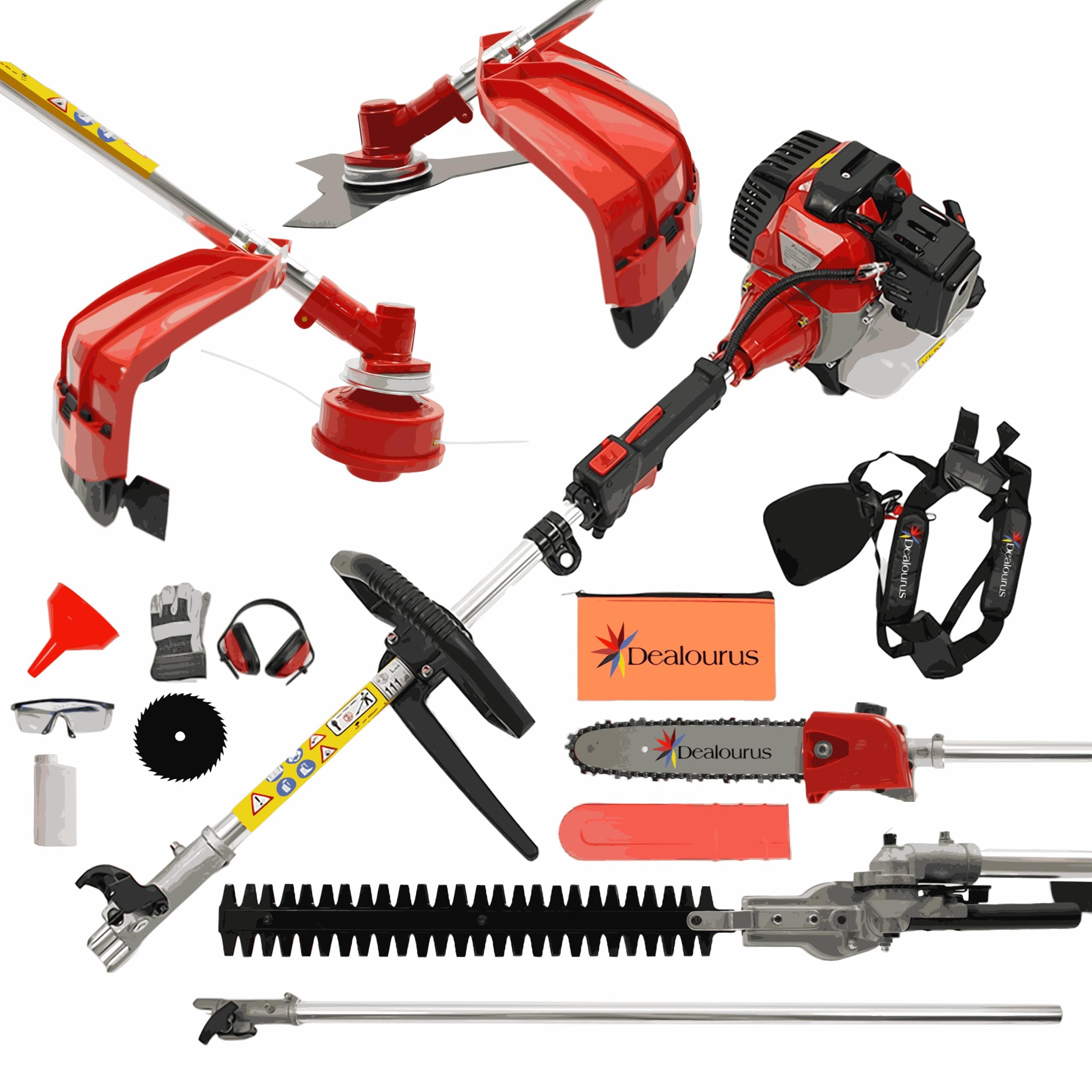 52cc 5 in 1 Multi Function Garden Tool Petrol Strimmer Hedge Cutter Chainsaw Trimmer Pruner & Extension Pole Recoil start