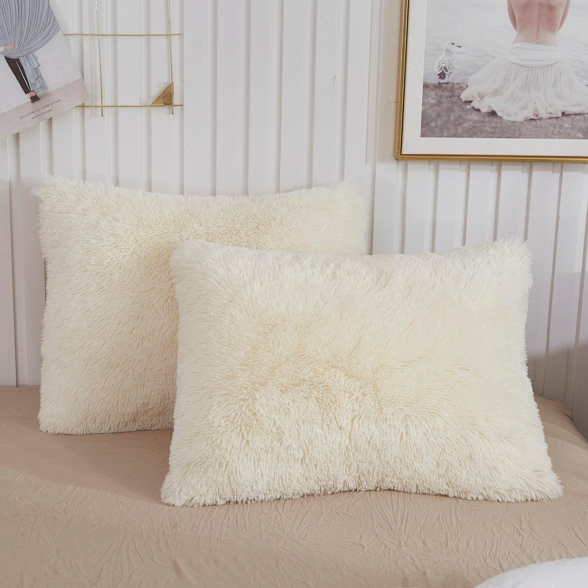 Faux Fur Throw Pillow Cases, Plush Shaggy Ultra Soft Pillow Covers, Fluffy Crystal Velvet Decorative Pillowcases, Furry Fuzzy Pillow Shams Zipper Closure, Set of 2(Standard, Light Beige)