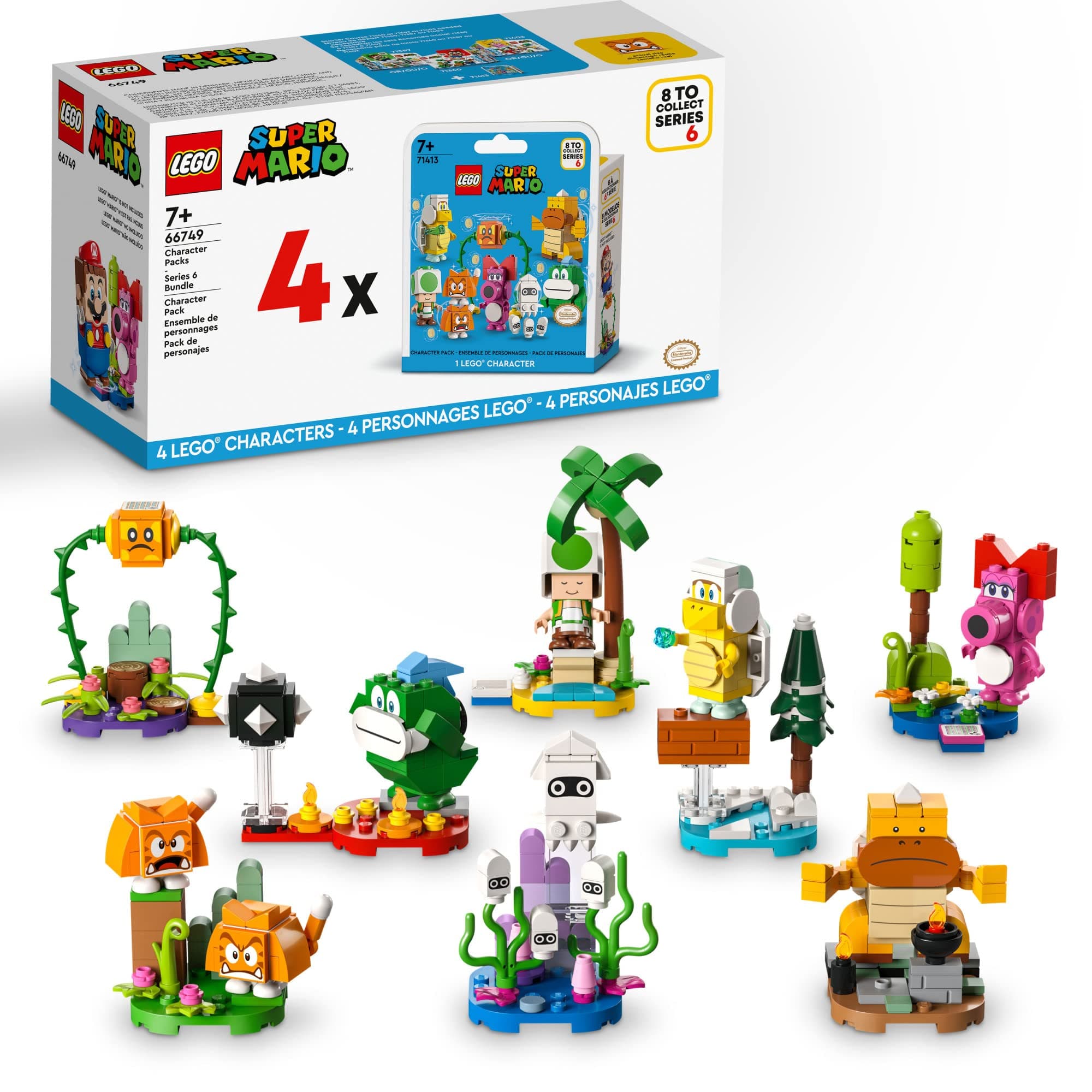 LEGO Super Mario Character Packs - Series 6 Bundle 66749 Includes 4 Collectible Characters, Random Selection can Include Birdo, Green Toad, Ice Bro, Bramball, 2 Cat Goombas, Blooper, Sumo Bro or Spike