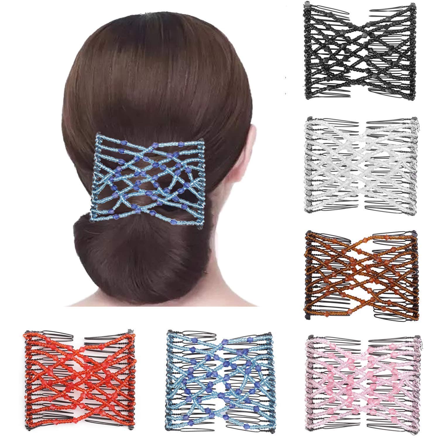 6 Pieces Magic Combs, Stretch Flower Beaded Hair Combs Elastic Bowknot Hair Clips Stretchy Hair Hairpins for Women Girls DIY Thick & Thin Accessories Hair Styling, Random Color
