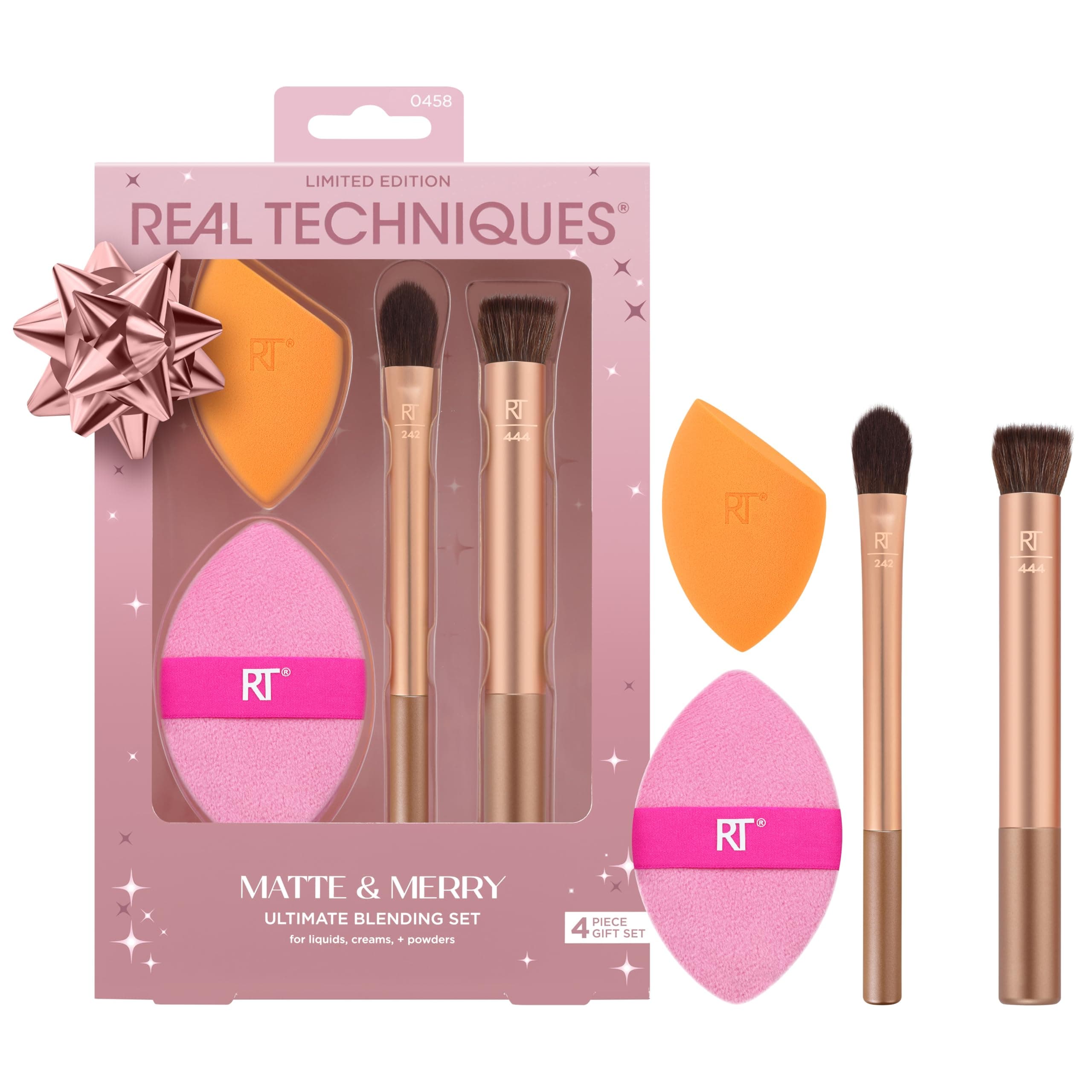 Real Techniques Matte & Merry Ultimate Blending 4 Piece Holiday Gift Set, Foundation Makeup Sponge, Dual-Sided Powder Puff, & 2 Makeup Brushes, Kitten Paw Brush, Limited Edition, Latex-Free Foam