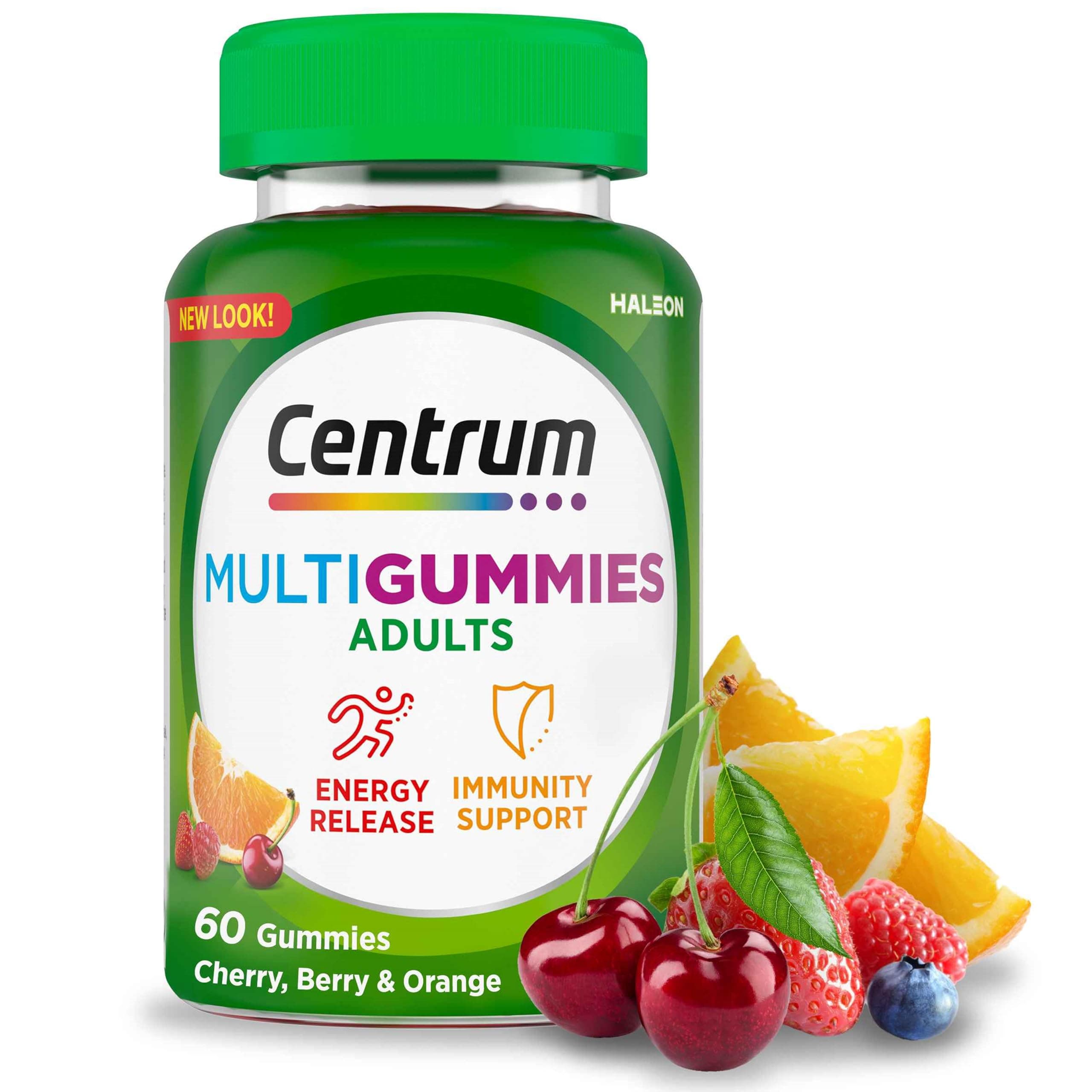 Centrum MultiGummies, Gummy Multivitamins for Adults with Cherry, Berry & Orange Natural Fruit Flavouring, Includes essential vitamins D, B12 & C, 60 ct
