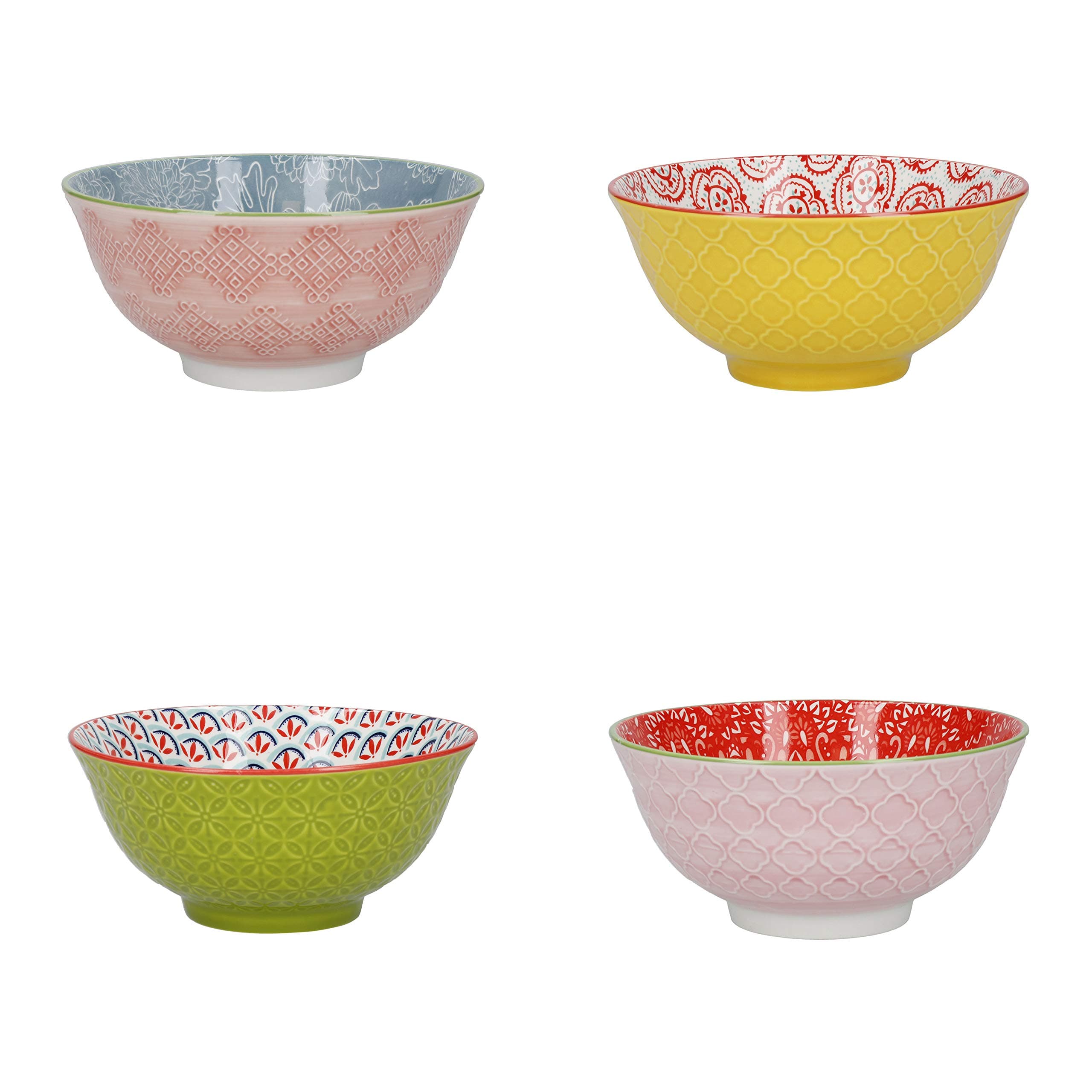 KitchenCraft Patterned Cereal Bowl Set of 4 in Gift Box, Ceramic Serving Bowls Ideal for Ice Cream, Soup and More, 'Brights' Designs, 15cm