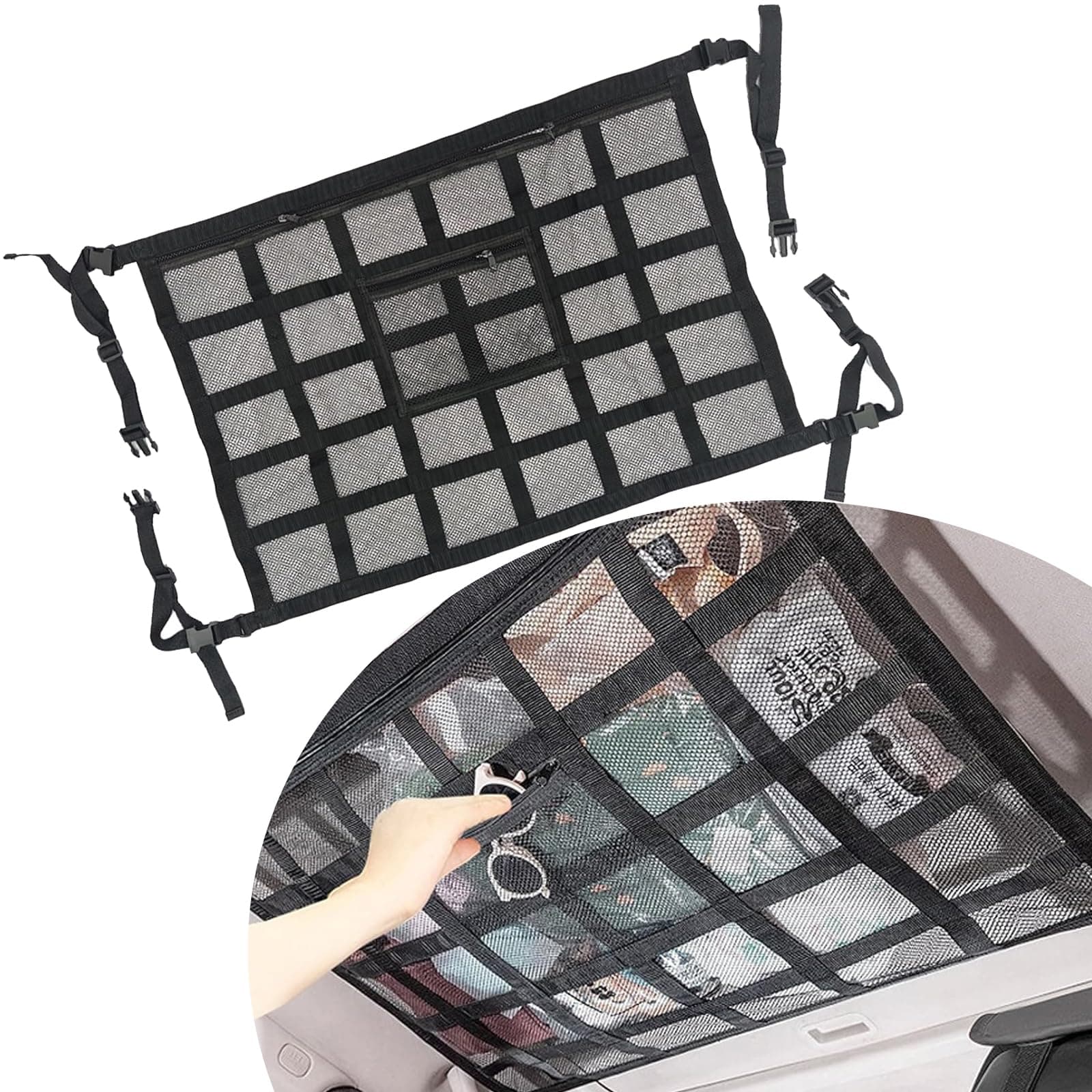 Pack-1 Car Cargo Net Pocket, 31.5In x 21.3In Double-Layer Strengthen Durable Vehicle Roof Storage Mesh, Universal Soft Automotive Camping Interior Accessories for Truck SUV Car (Black)