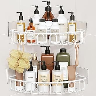 Orimade Corner Shower Caddy with 2 Hooks Wall Mounted Metal Bathroom Shelf Storage Organizer Adhesive No Drilling 2 Pack, White Only for 90-Degree Corner