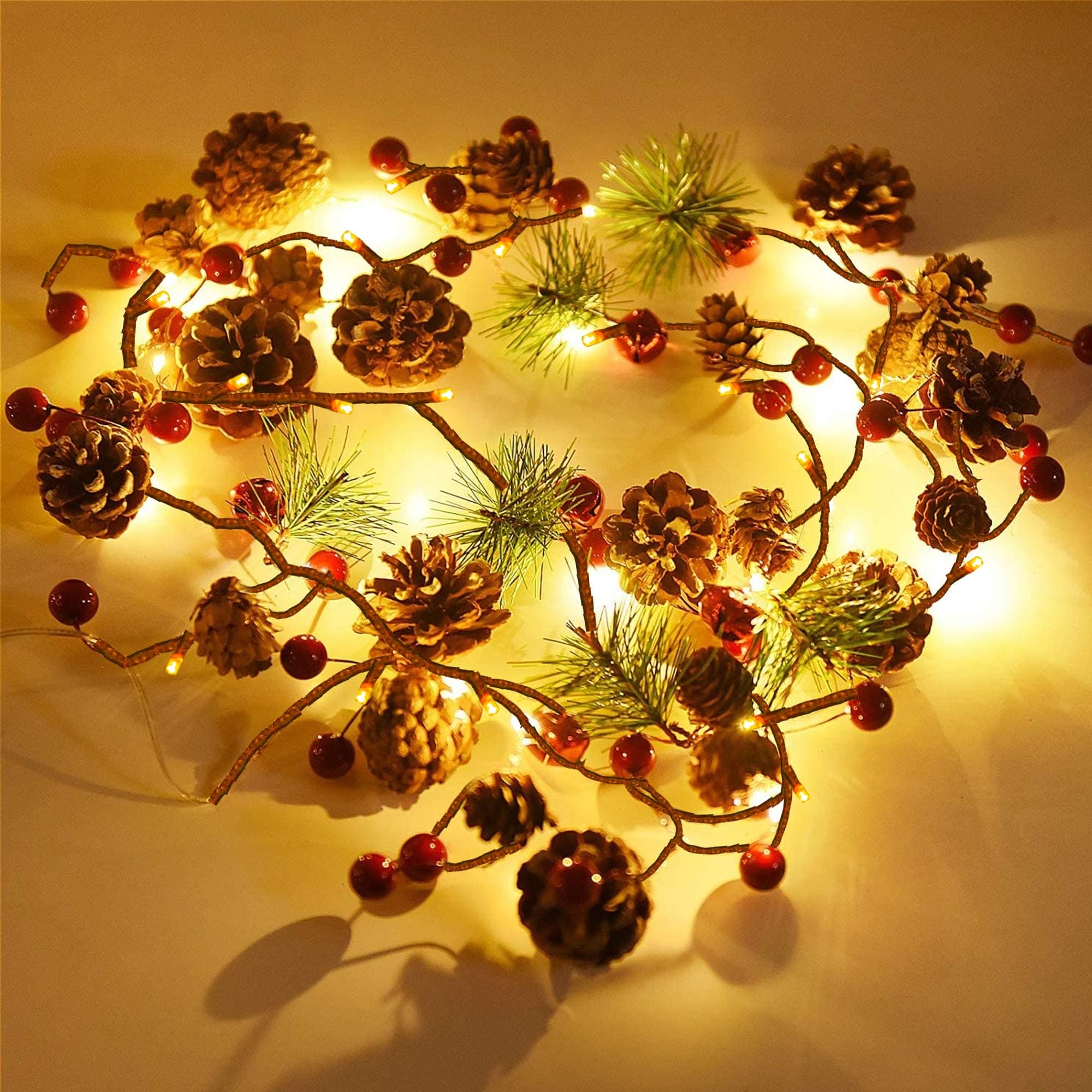 Funpeny Christmas PineCones String Lights, 6.56Ft 20 LED Pine Needles Red Berries Fall Light Garland, Indoor Outdoor Decor for Thanksgiving Christmas Autumn Themed Party