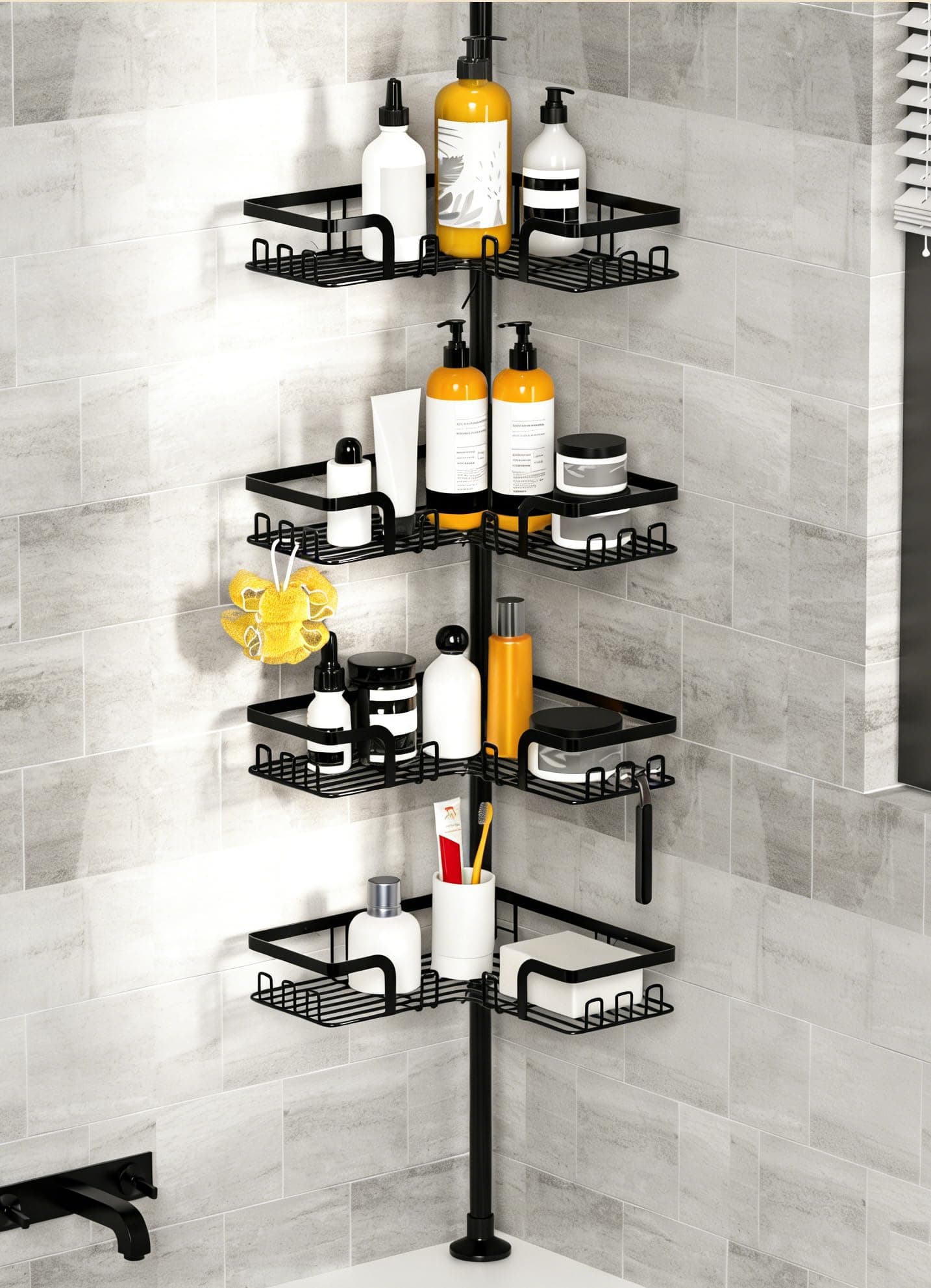 Telescopic Shower Caddy, Corner Shower Shelf Bathroom Corner Storage Bath Organizer Caddy without Drilling, 4 Basket Black