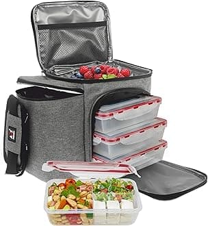 A2S Protection Meal Prep Lunch Box - 3 Piece Set - Insulated Lunch Box For Women or Men - 3 Bento Style Containers Inside Large Lunch Bag- BPA Free - Microwave/Dishwasher Safe - Gray/Black