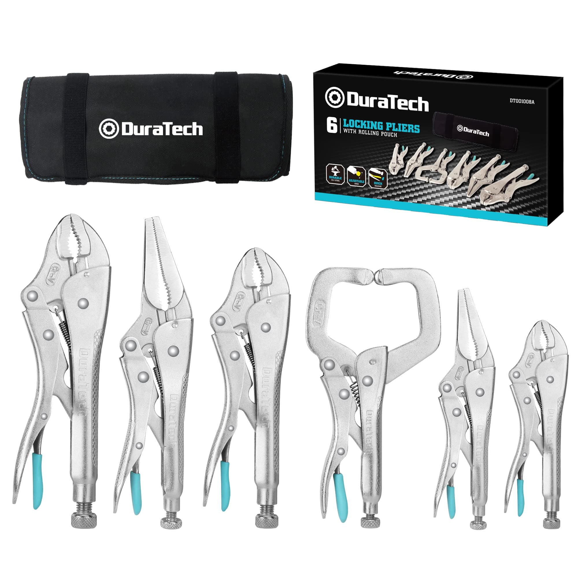 6-Piece CR-V Locking Pliers Set with Oxford Rolling Pouch, 6-1/2”, 9-1/2” Long Nose Locking Pliers, 5”, 7” and 10” Curved Jaw Locking Pliers, 6” C-clamp Locking Pliers