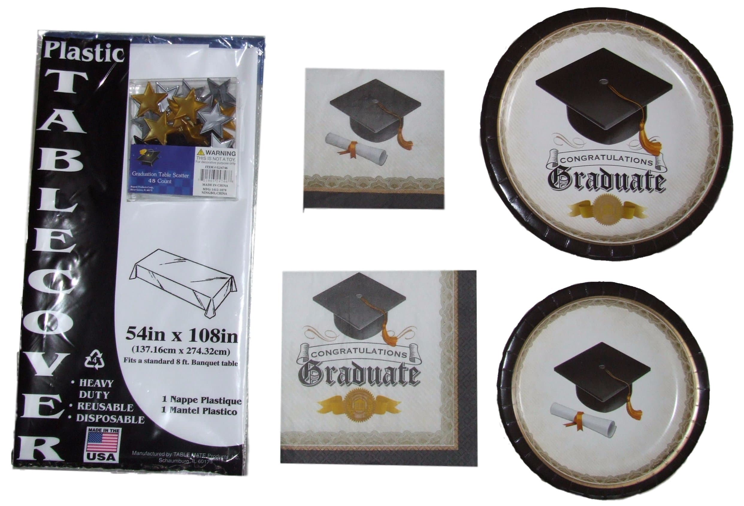 Graduation Party Pack for 16 - Bundle Includes Dinner Plates, Cake Plates, Tablecover with Scatter, Napkins in 2 Sizes and Cutlery in a Classic Black and Gold Design Featuring Cap and Diploma
