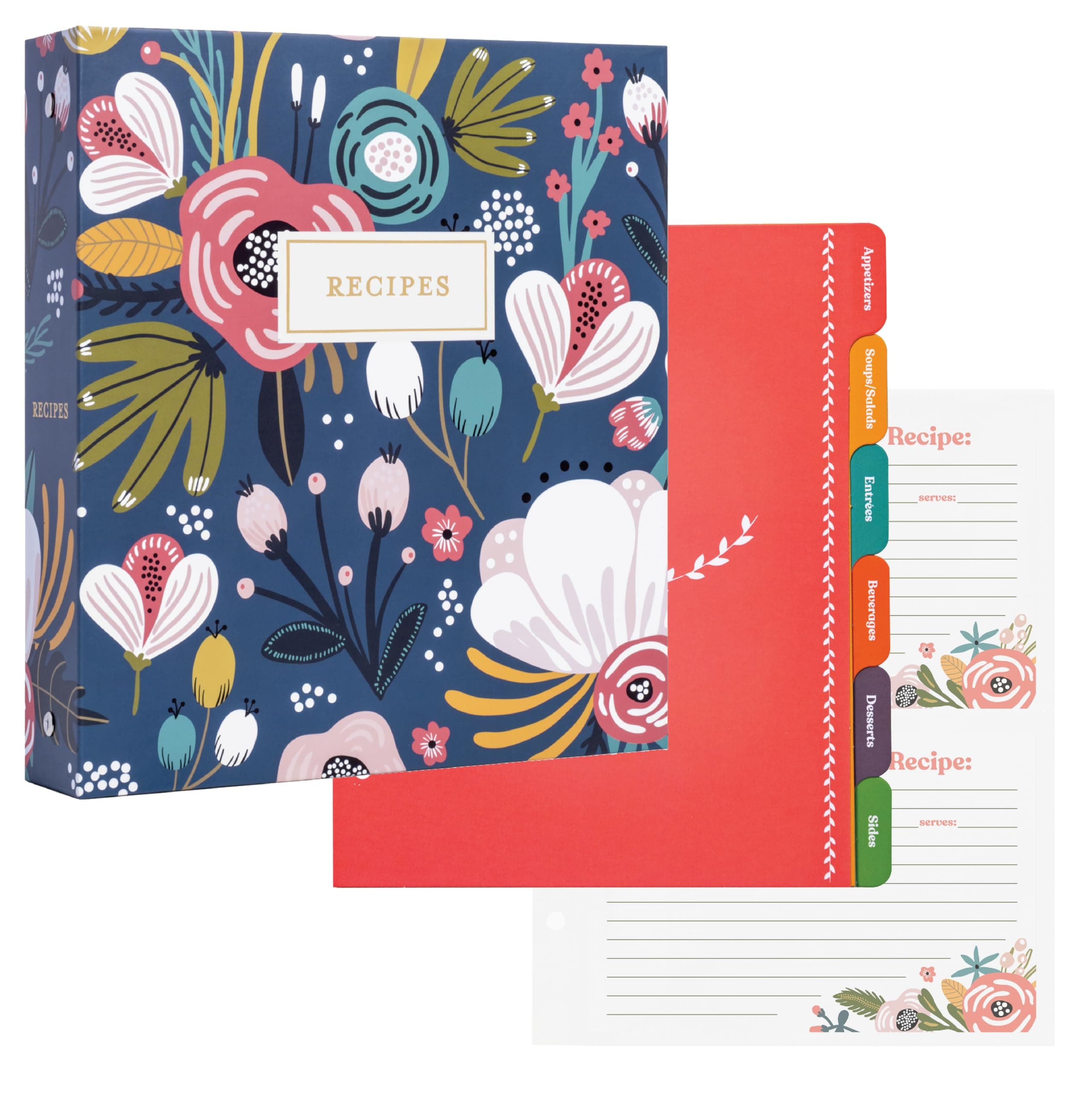 Jot & Mark 8.5" x 9.5" 3 Ring Recipe Binder with 50 Matching 4x6 inch Recipe Cards, 25 Top & Bottom Binder Sleeve Sheet Protector, 5 Full-Page Undivided Sleeves, 6 Sturdy Divider Tabs, Garden Floral