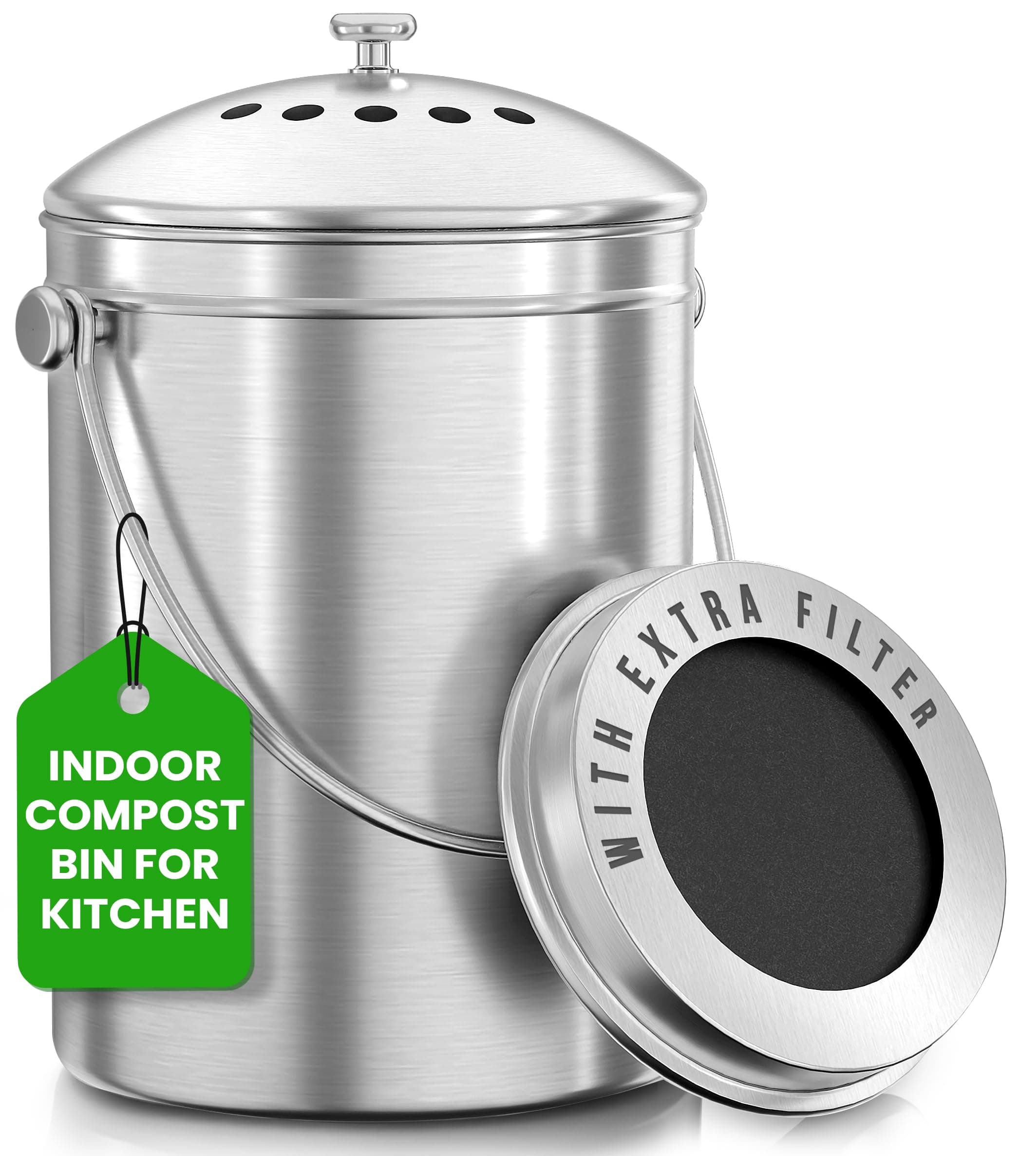 Utopia Kitchen Compost Bin for Kitchen Countertop, 1 Gallon Compost Bucket for Kitchen with Lid, Includes 1 Spare Charcoal Filter (Silver)