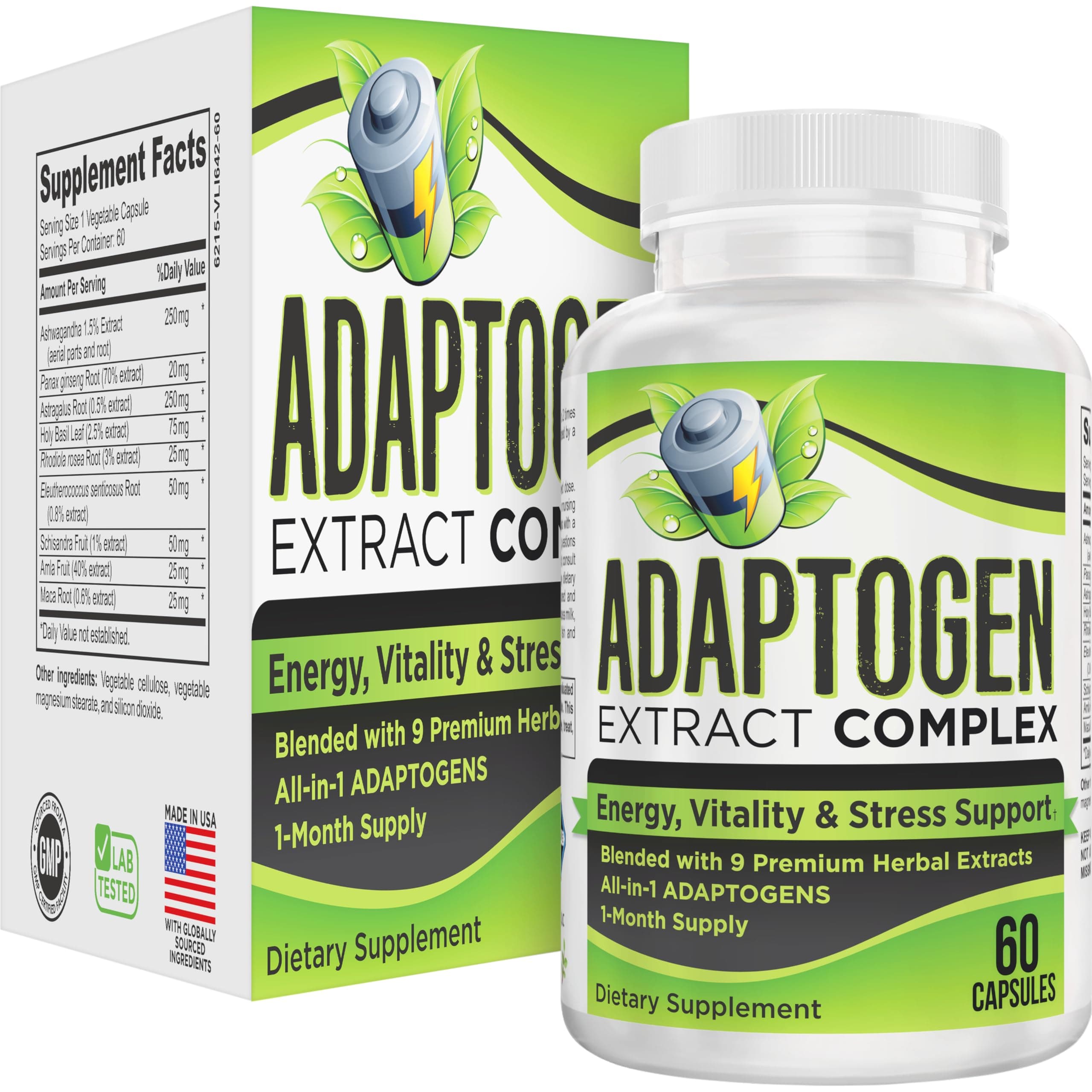 Adaptogen Supplement (9-in-1) Adaptogenic Complex with Ashwagandha, Panax Ginseng, Rhodiola + More | Herbal Extract Blend | Adaptogen Supplements | 1-Month Supply | 60 Capsules