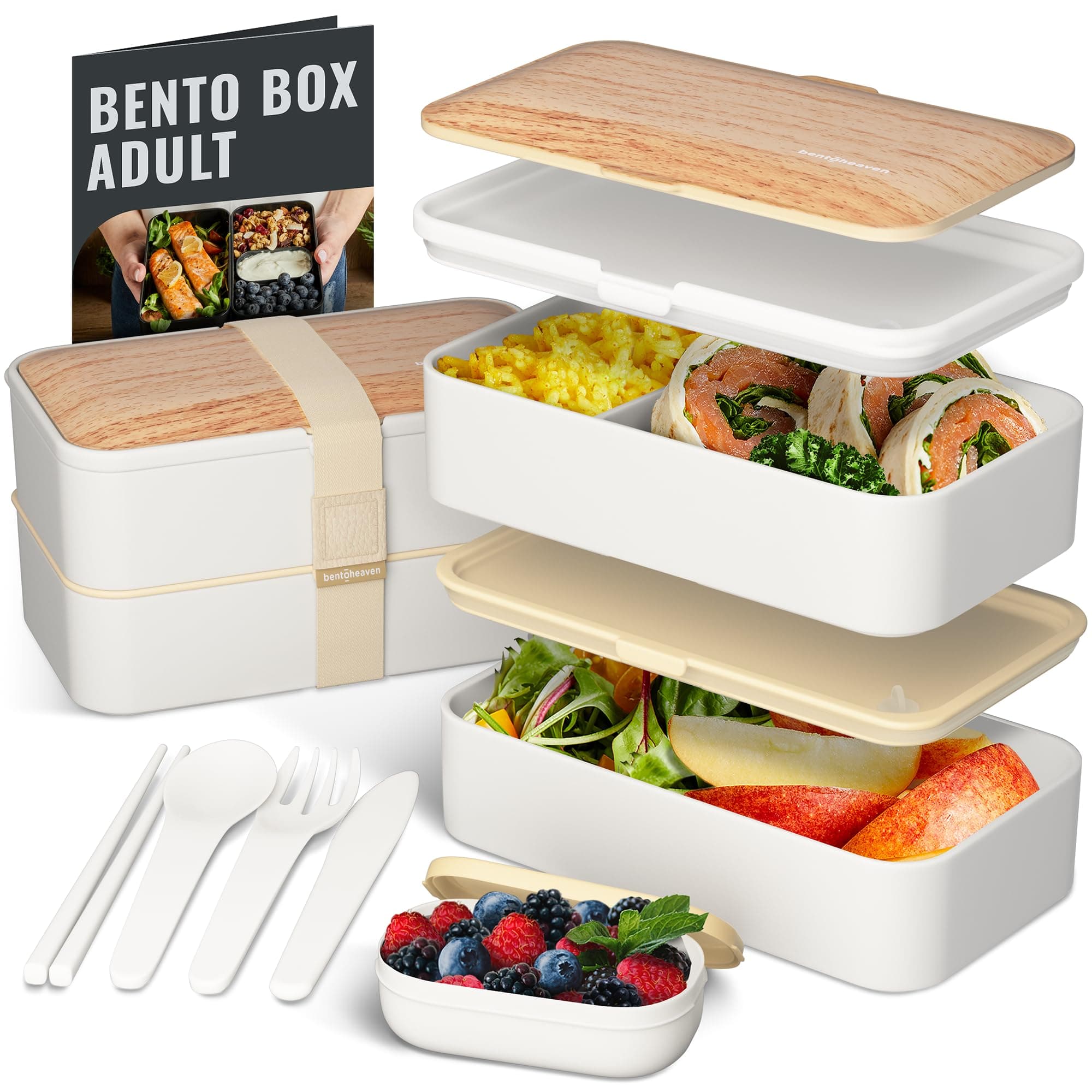 Bamboo White : BentoHeaven Leakproof Bento Box with Fun Lunch Notes, Cutlery, Chopsticks - Bamboo White
