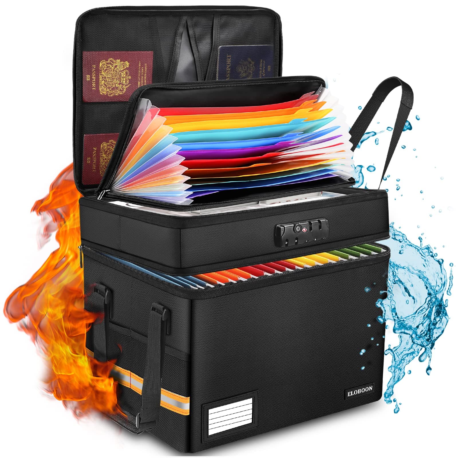 Fireproof Document Box with 13 Pockets Accordian File Organizer, Water-Resistant File Organizer Box with Lock, Collapsible File Storage Cabinet for Hanging Letter/Legal Folder, Black