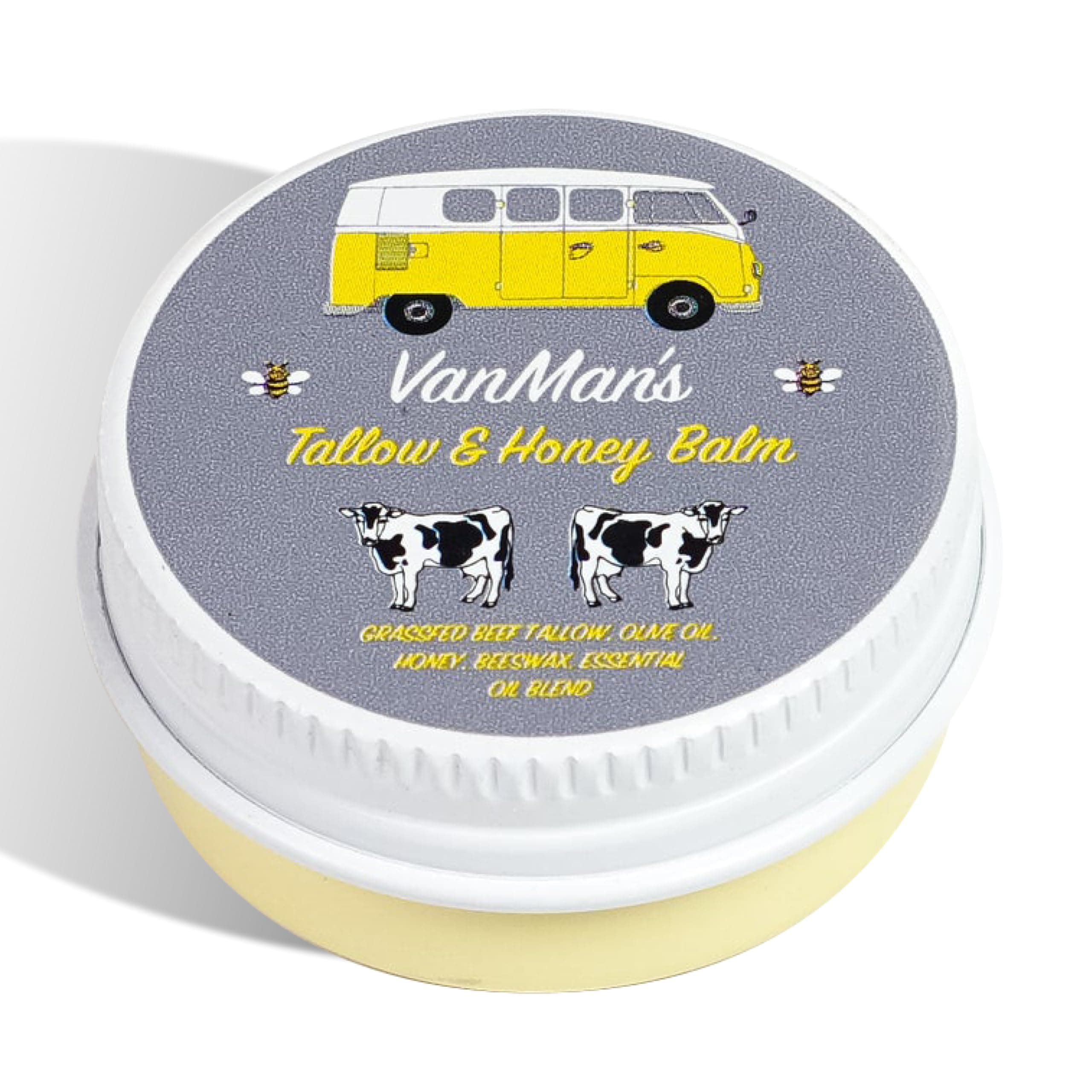 Vanman’s - Tiny Tallow and Honey Balm - Pocket-Size Face Moisturizer with Honey and Grass-Fed/Finished Beef Tallow - Grass-Fed/Finished Beef Balm with Vitamins A, K, D, E, and Essential Oils - 0.25 oz