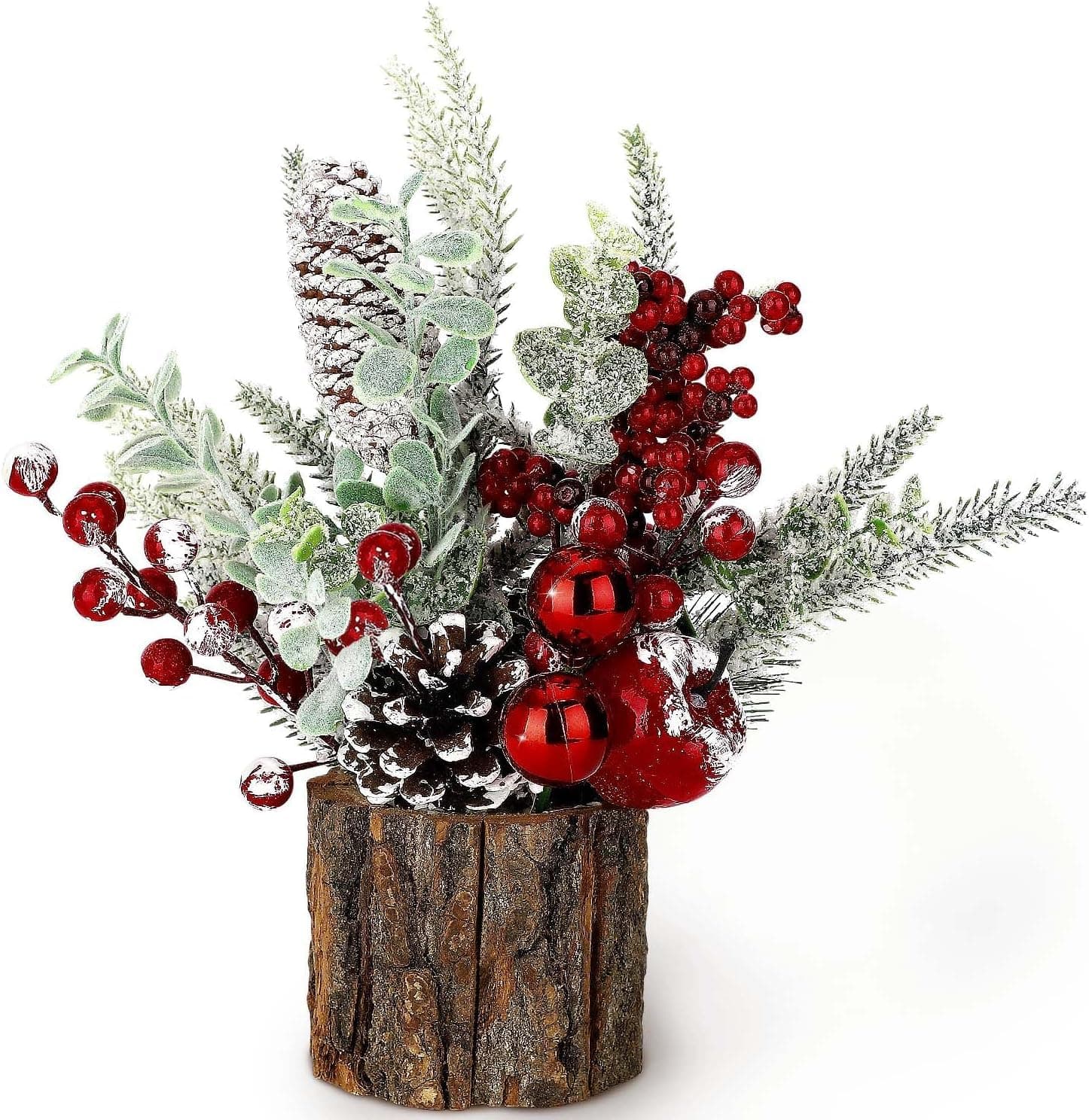 Small Christmas Tree Tabletop Artificial Mini Christmas Tree Decorations with Holiday Ornaments Berry Pine Cone for Home Indoor Fireplace Mantel Xmas Decor (Red)