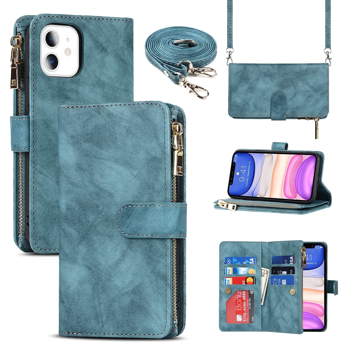 SailorTechLeather Case Crossbody Case for iPhone 11 Flip Case Folio Cover with Card Slots Magnetic Buckle Zipper Wallet Case with Adjustable Necklace Strap Lanyard Cases Blue