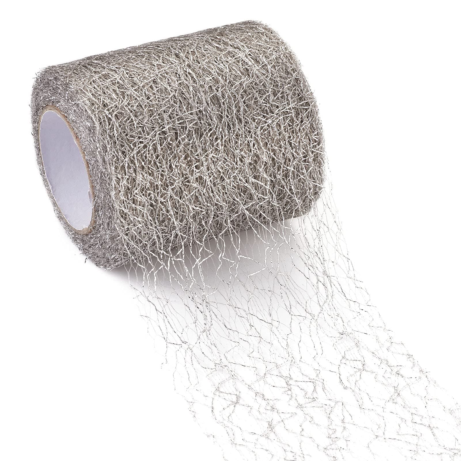 Pandahall 20 Yards Spider Web Lace Net 3 Inches Silver Mesh Ribbon Roll Big Hole Tulle for DIY Craft Flower Gift Packaging Skirt Making Door Curtain Background