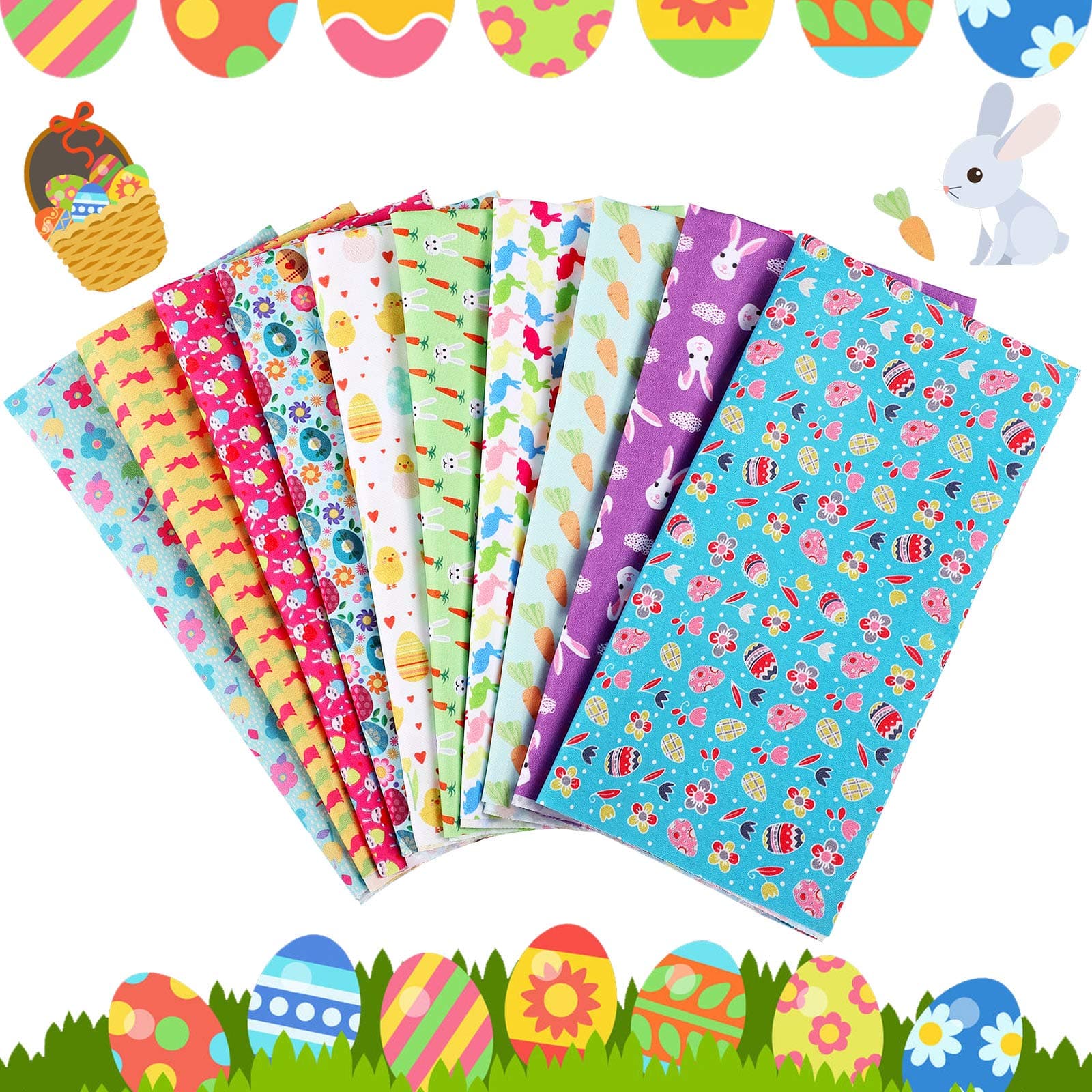 10 Pieces 19.7 x 19.7 Inch Easter Fabric Eggs Rabbit Printed Fabric Squares Easter Quilting Patchwork Fabrics for Easter DIY Crafts Supplies
